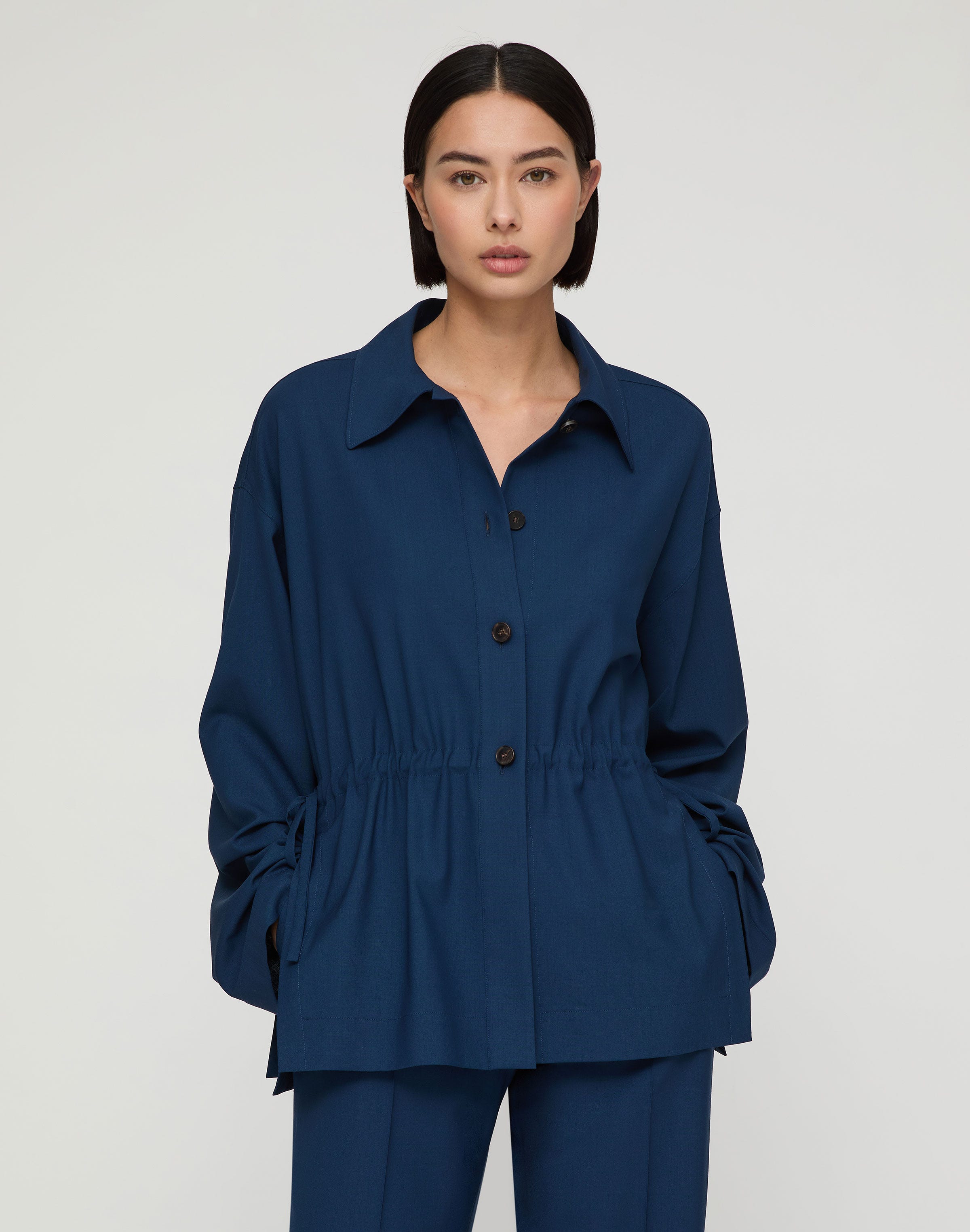 Tropical Wool Gathered Waist Oversized Jacket