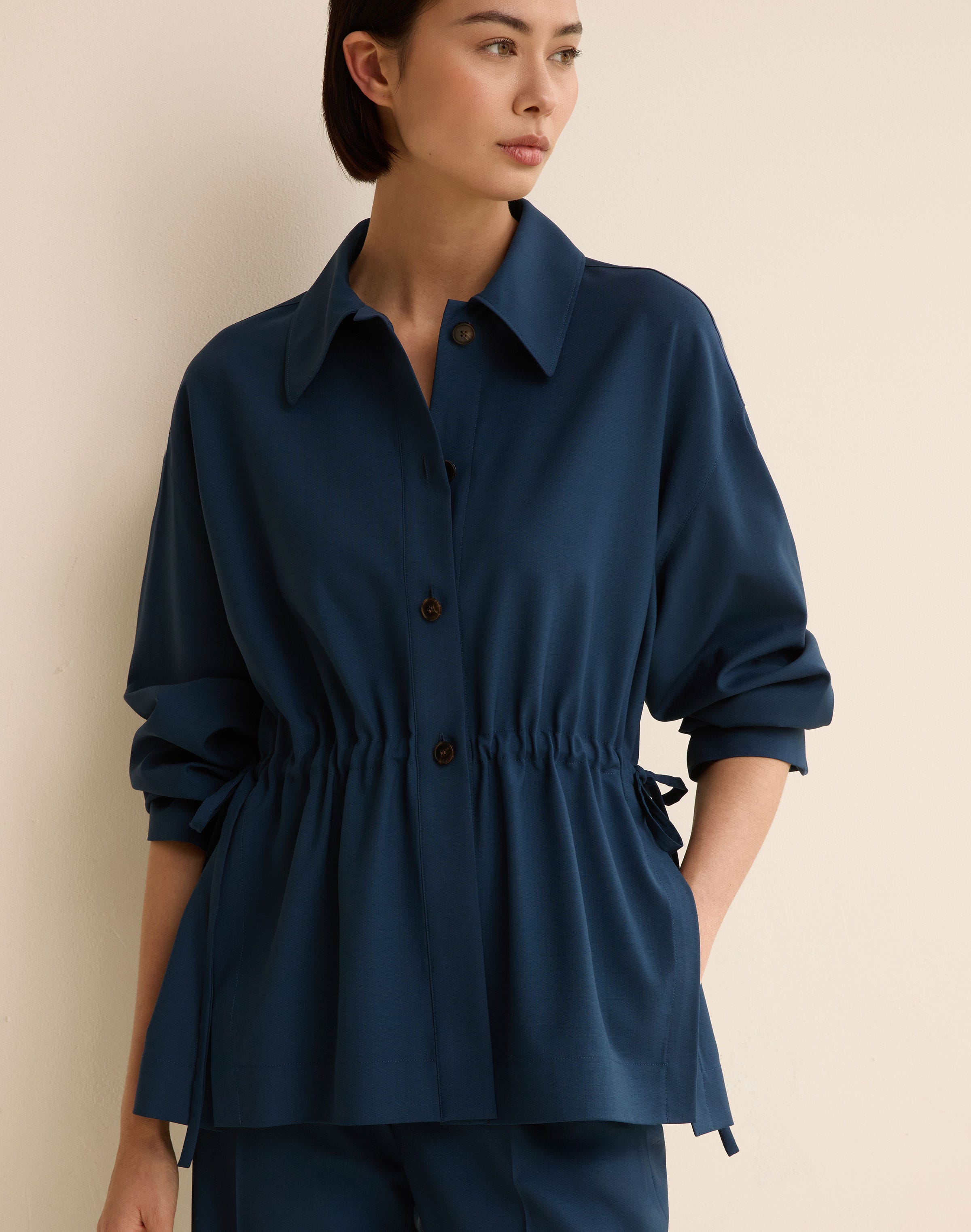 Tropical Wool Gathered Waist Oversized Jacket