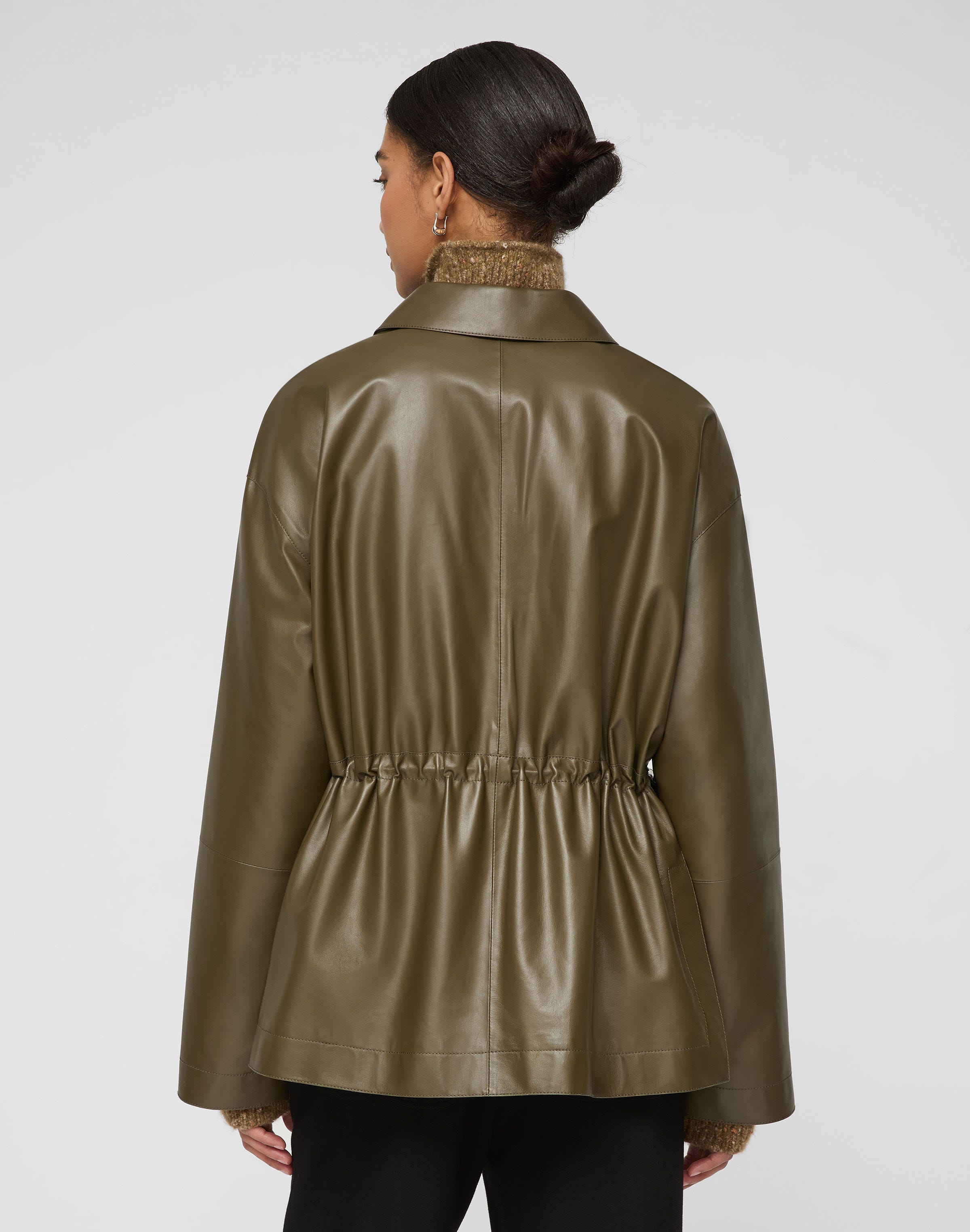 Lightweight Lambskin Leather Gathered Waist Oversized Jacket