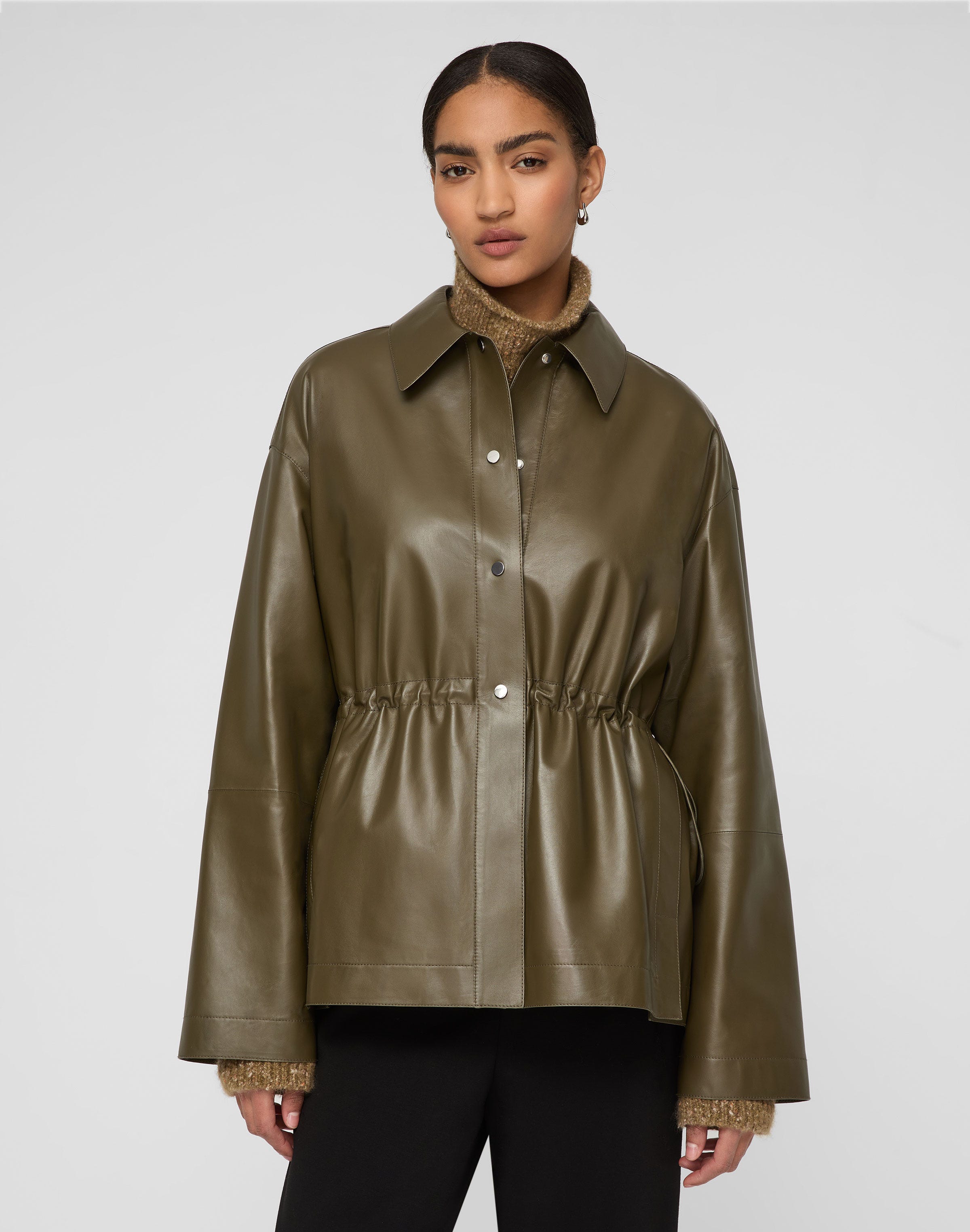 Lightweight Lambskin Leather Gathered Waist Oversized Jacket