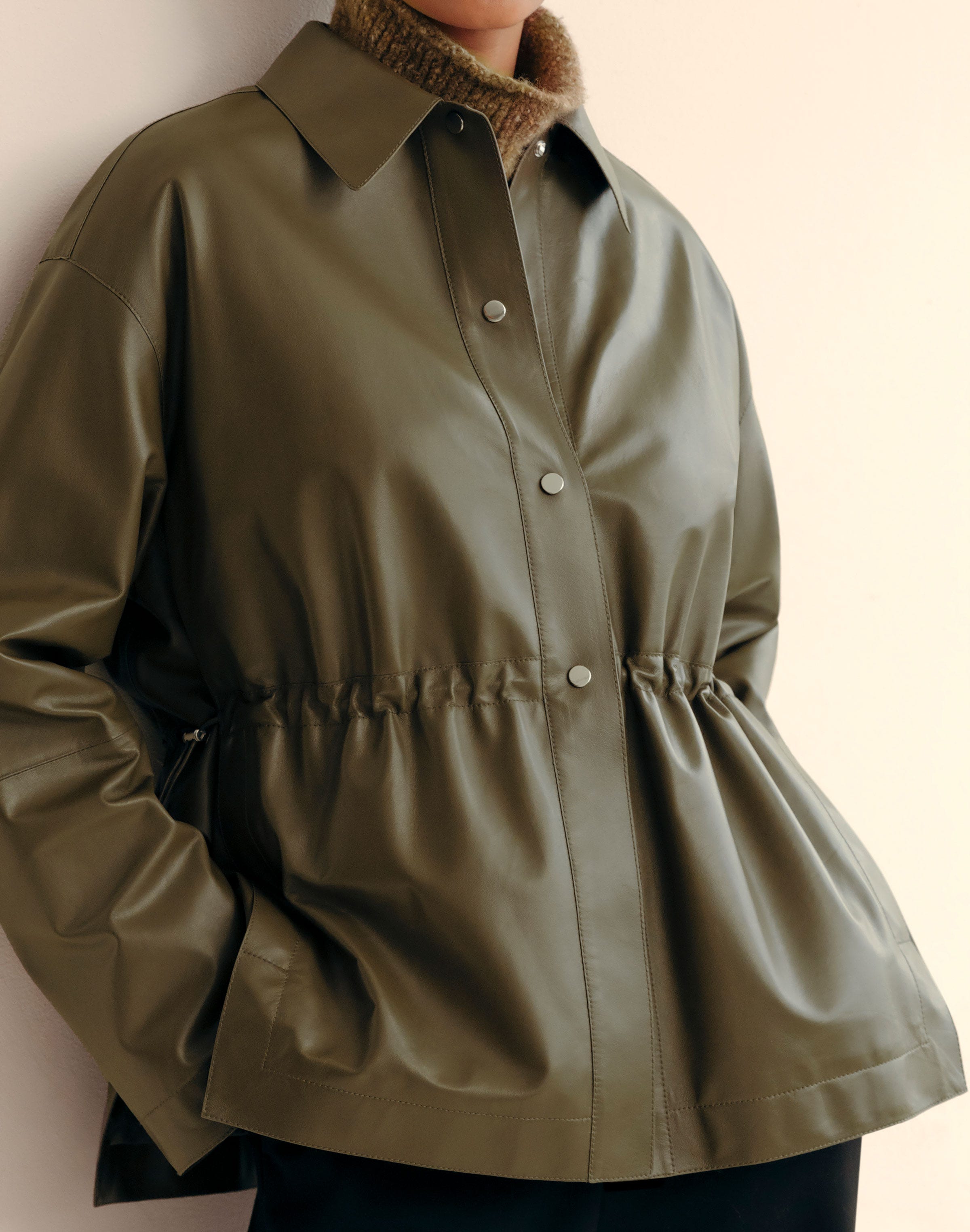 Lightweight Lambskin Leather Gathered Waist Oversized Jacket