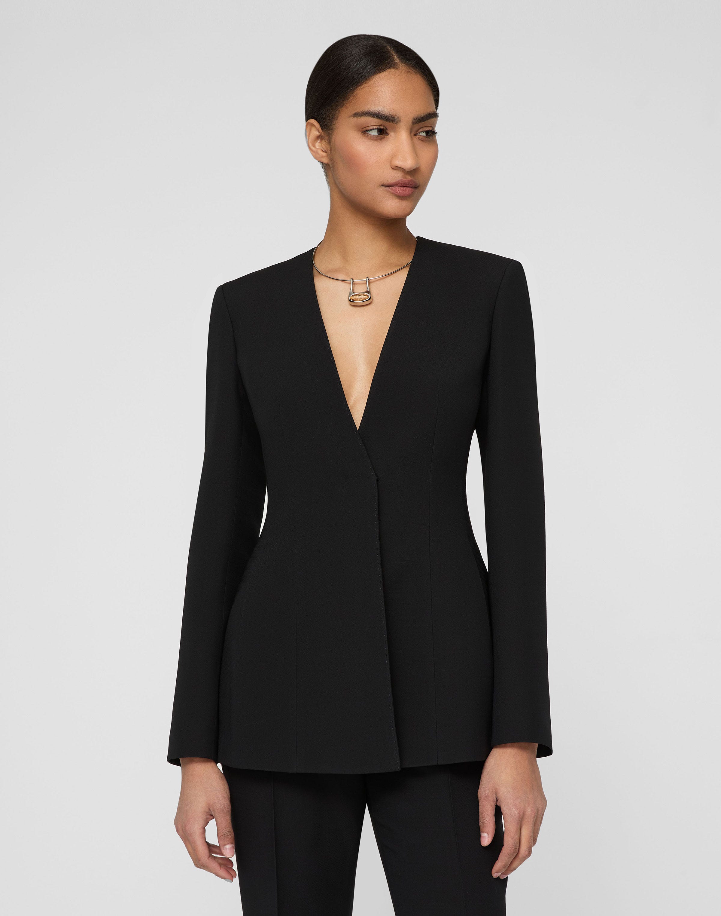 Wool-Silk Crepe Collarless Fitted Blazer