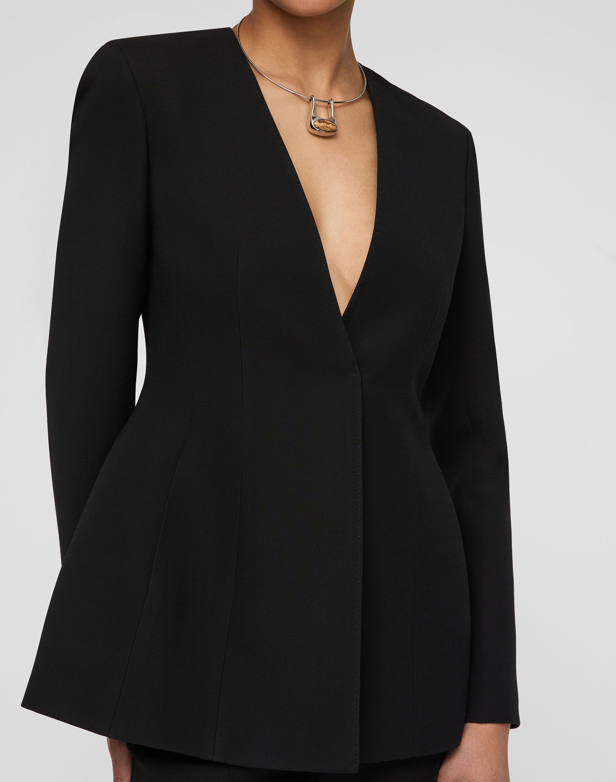 Wool-Silk Crepe Collarless Fitted Blazer