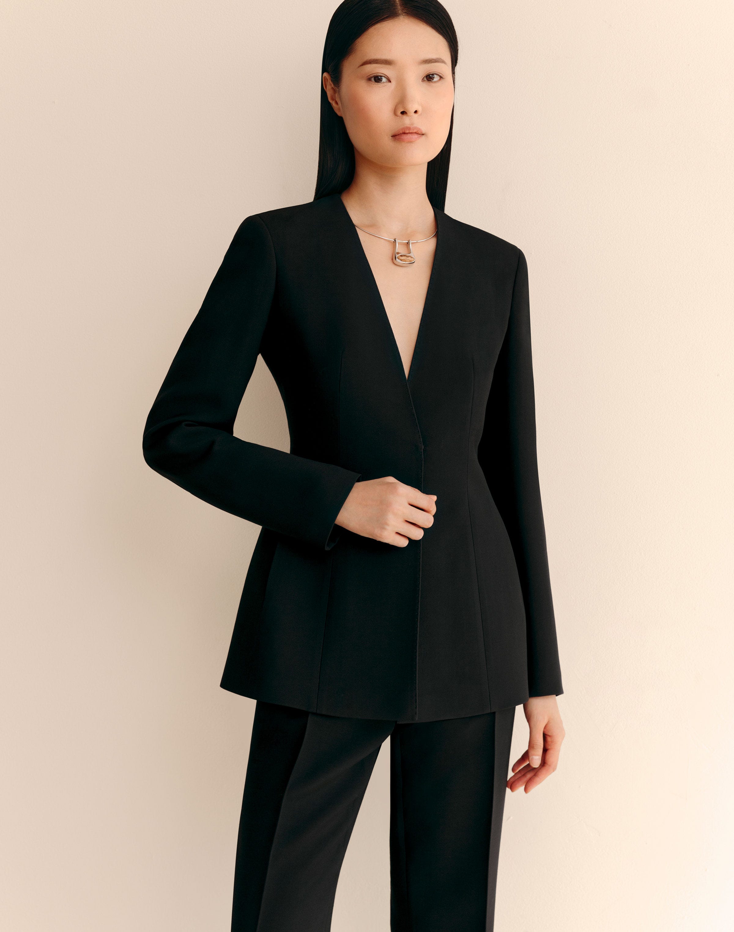 Wool-Silk Crepe Collarless Fitted Blazer