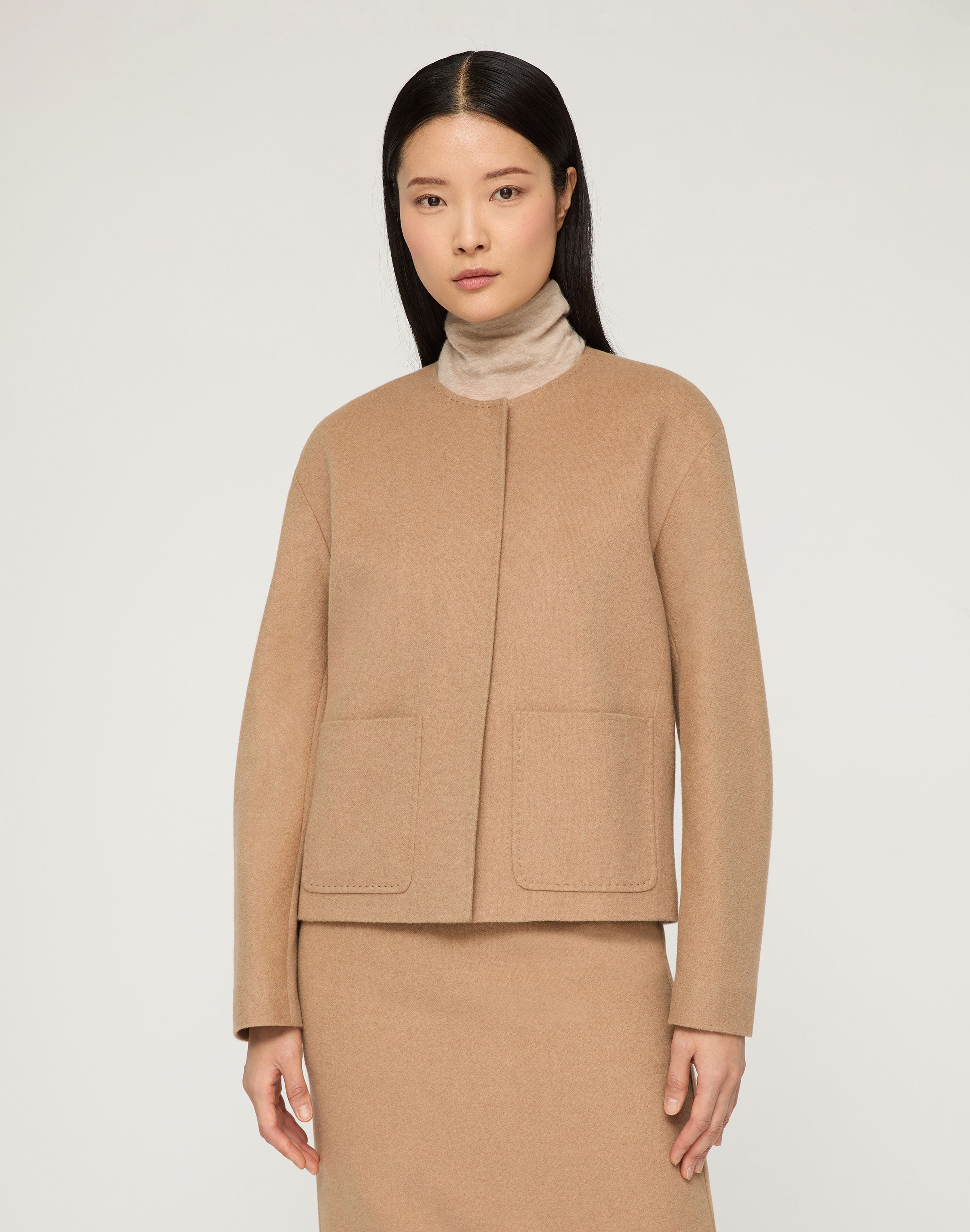Camel Hair Patch Pocket Collarless Jacket