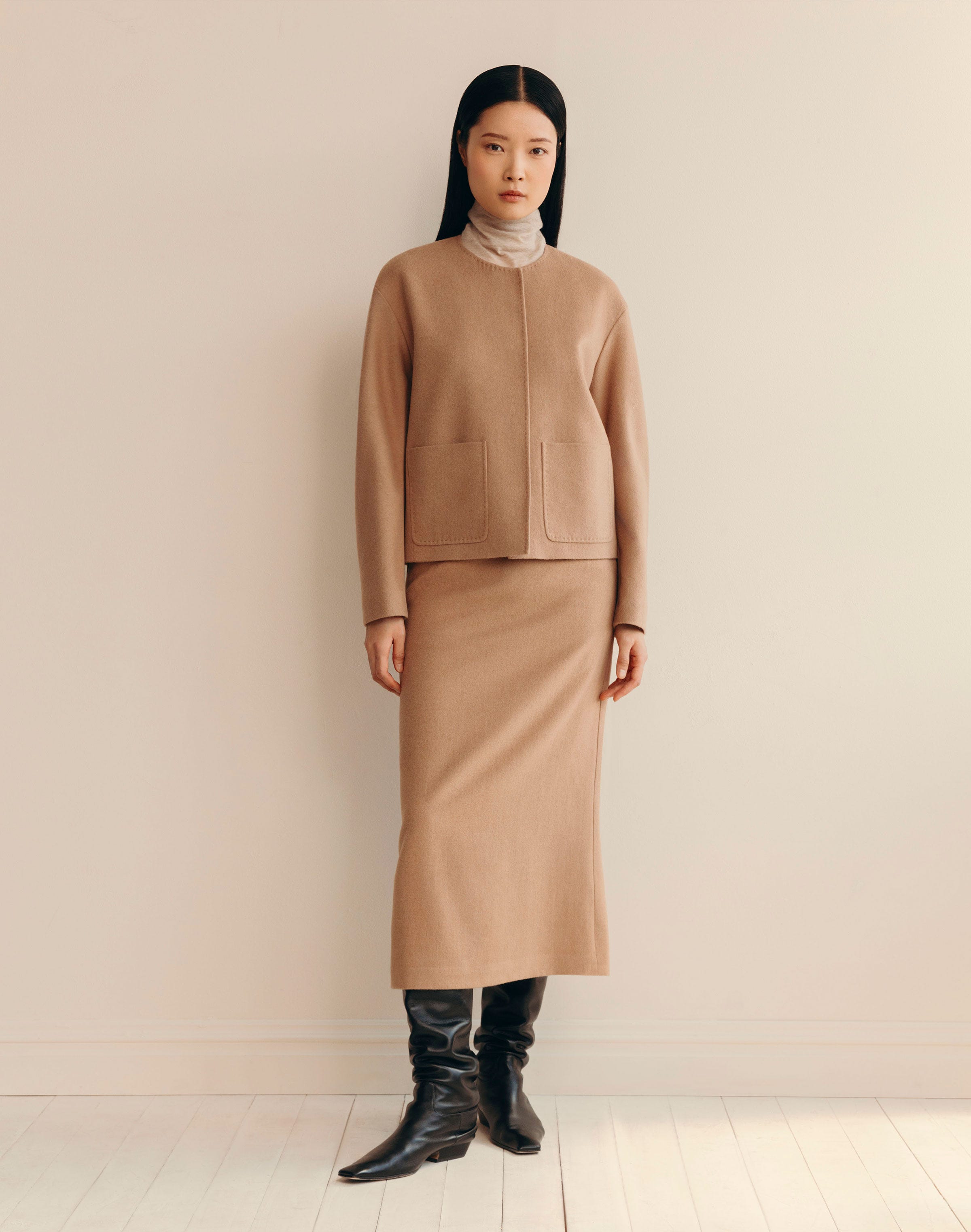 Camel Hair Patch Pocket Collarless Jacket
