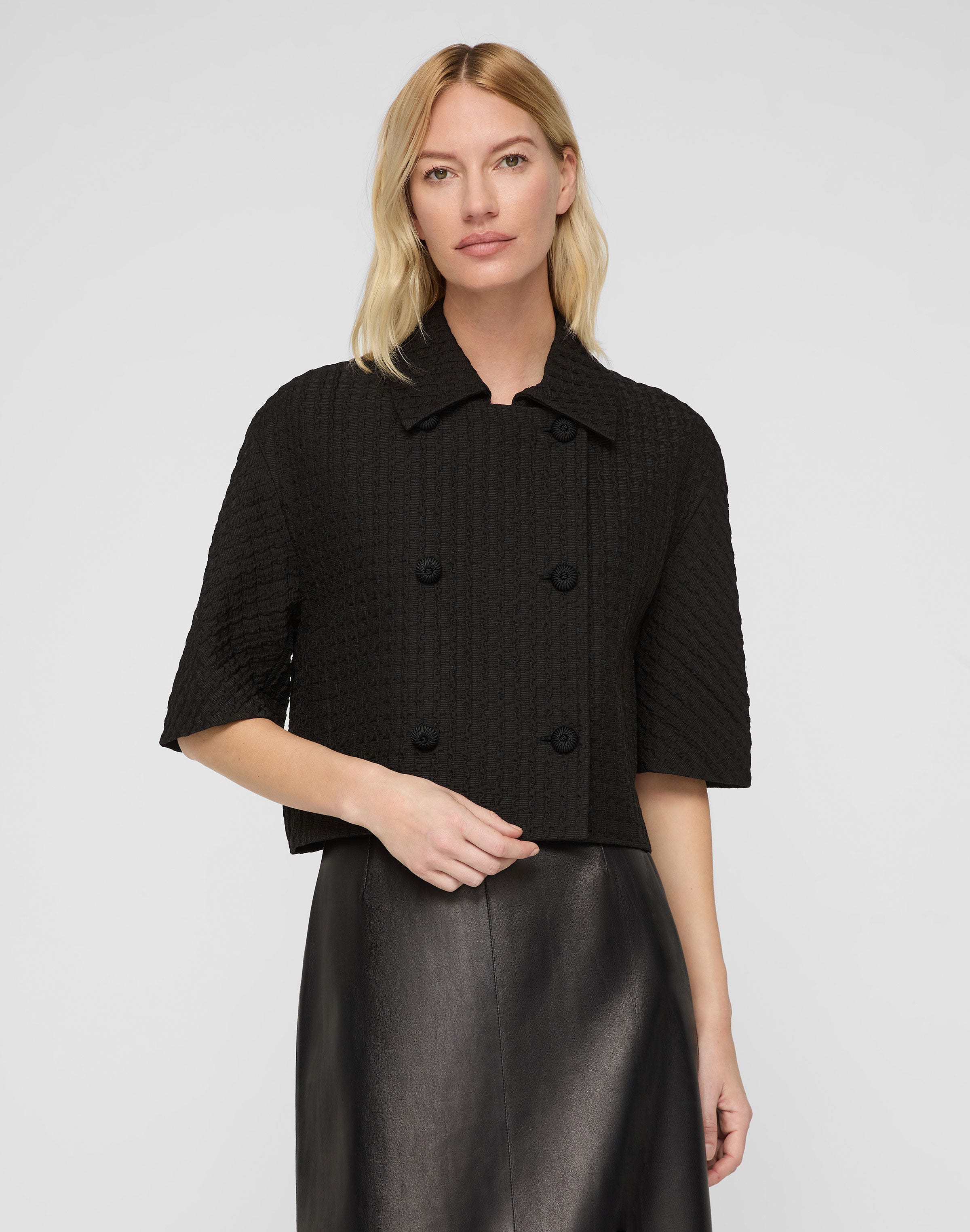 Textured Houndstooth Jacquard Double Breasted Short Sleeve Jacket