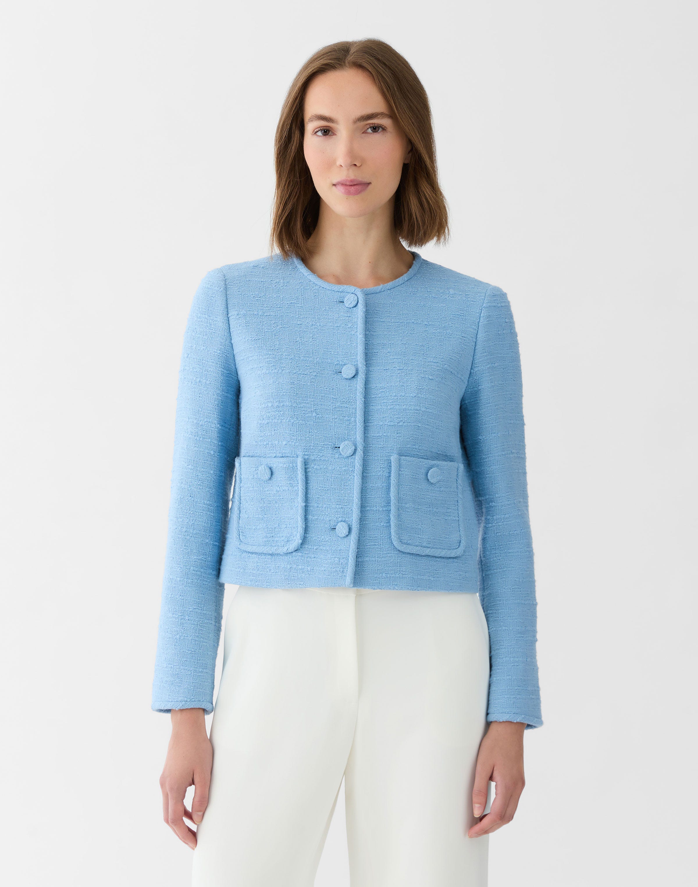 Corded Tweed Collarless Short Jacket