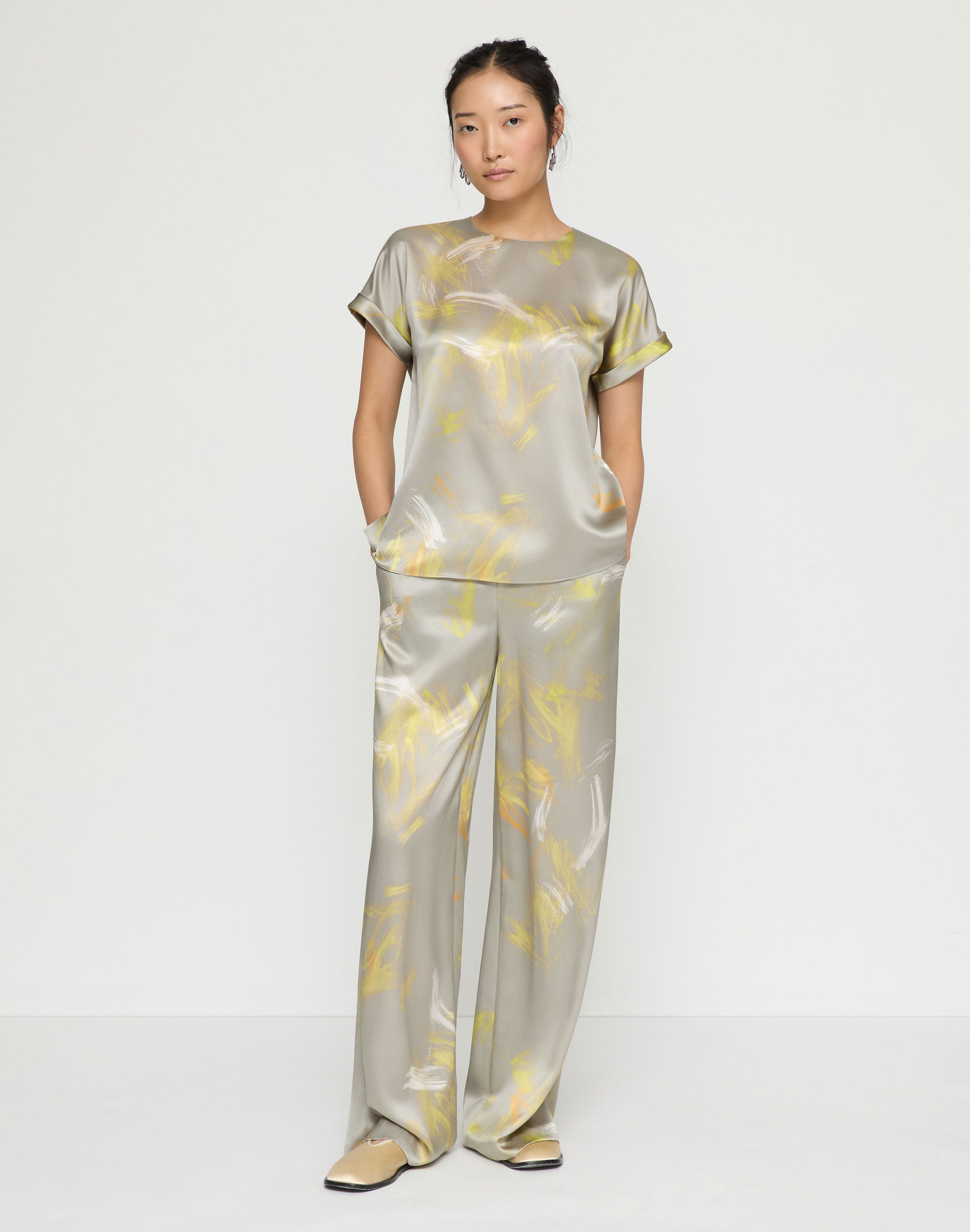 Pastel Smudge Print Silk Satin Riverside Pant