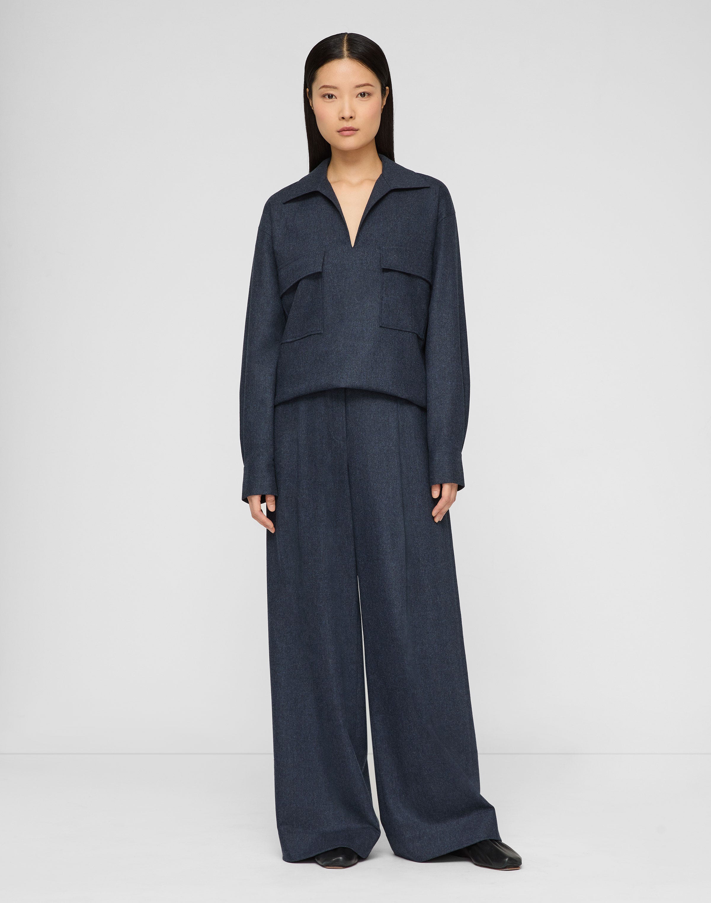 Wool-Cashmere Flannel Astor Pleated Wide Leg Pant