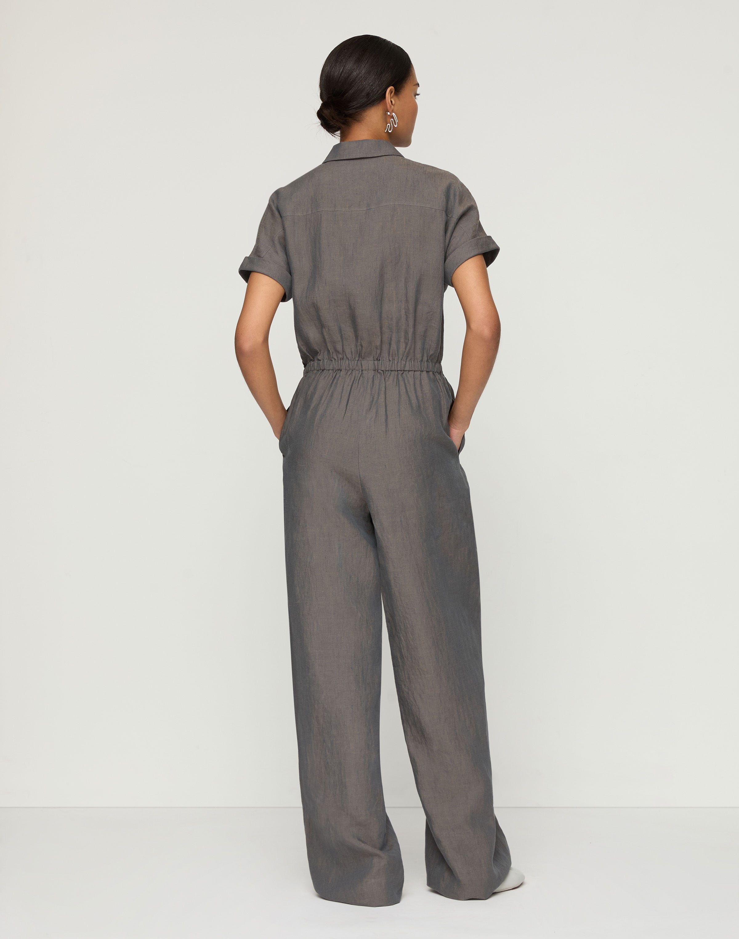 Organic Linen Claudine Collar Drawstring  Jumpsuit