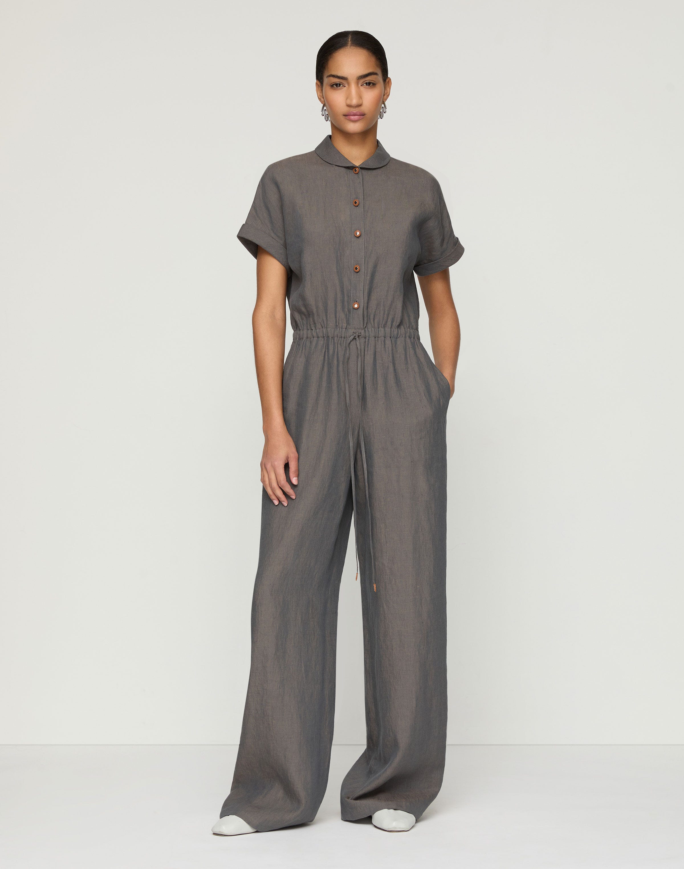 Organic Linen Claudine Collar Drawstring  Jumpsuit