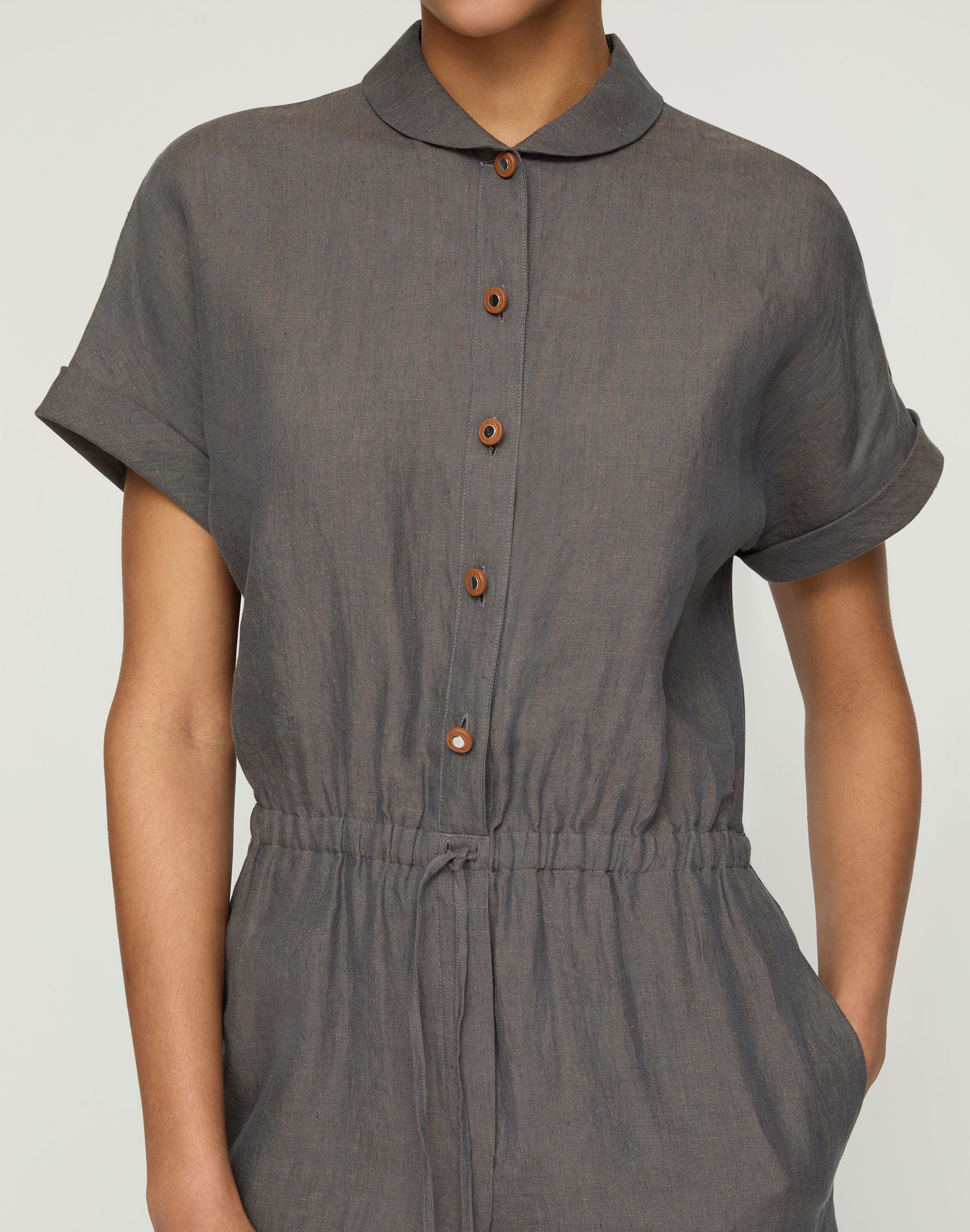 Organic Linen Claudine Collar Drawstring  Jumpsuit