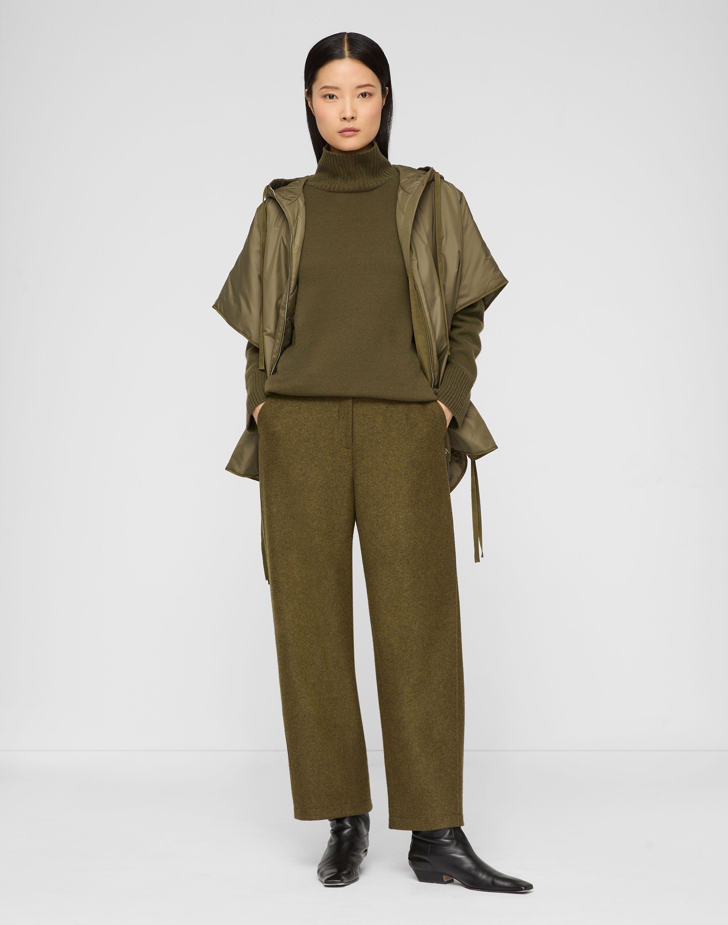 Wool-Cashmere Double Face Jersey Downing Barrel Leg Ankle Pant