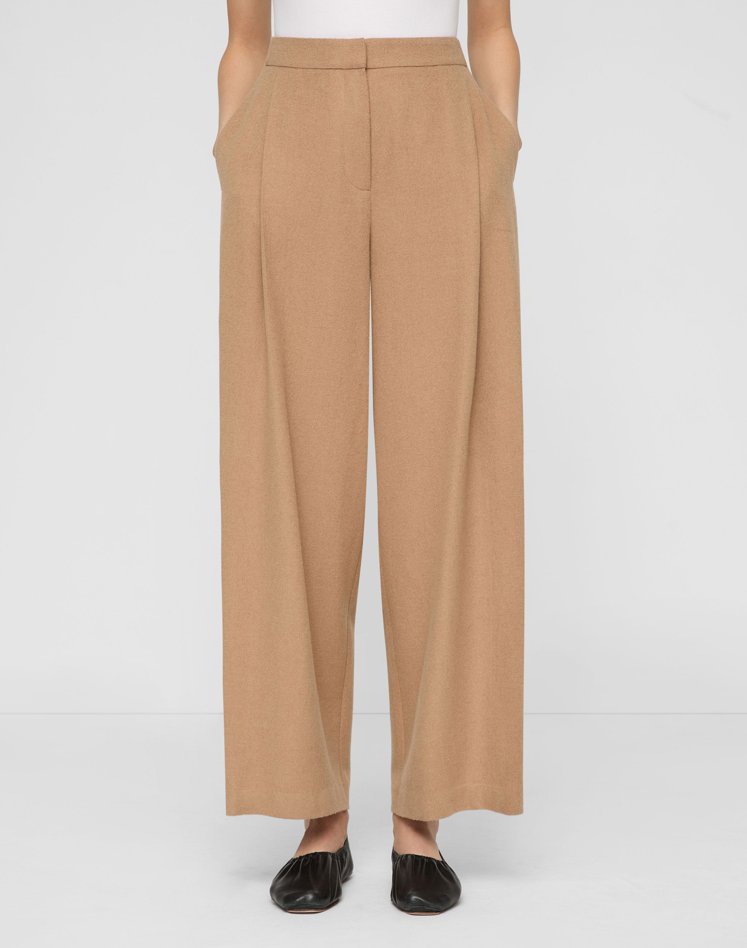 Camel Hair Cooper Pleated Barrel Leg Ankle Pant