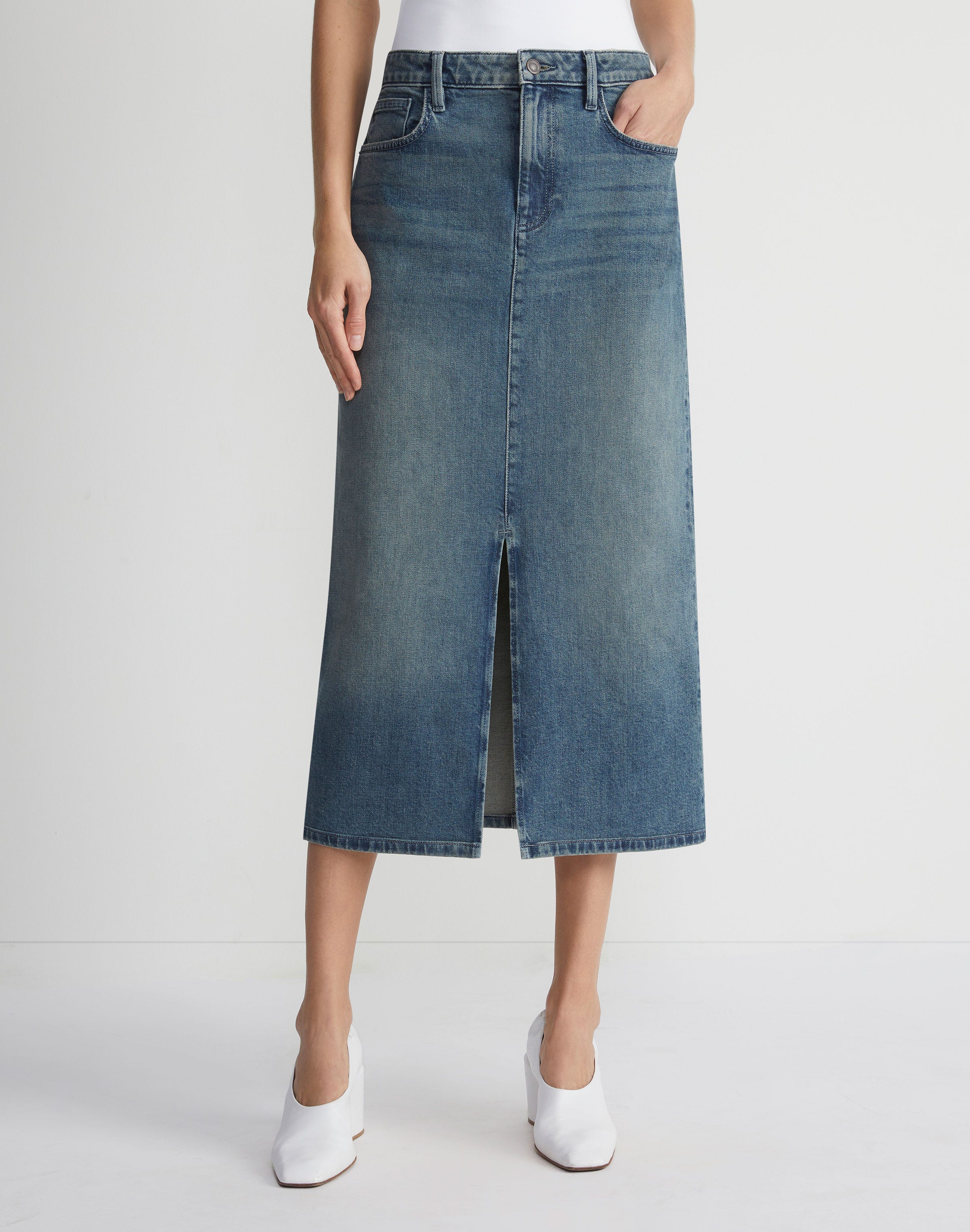 L148 Denim Slit Front Midi Skirt
