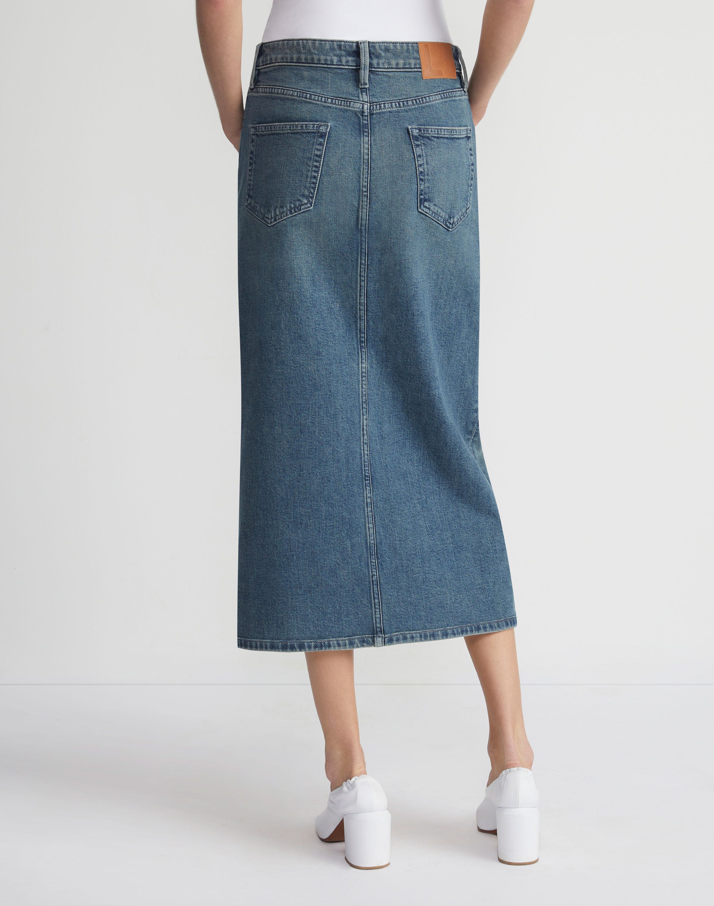 L148 Denim Slit Front Midi Skirt