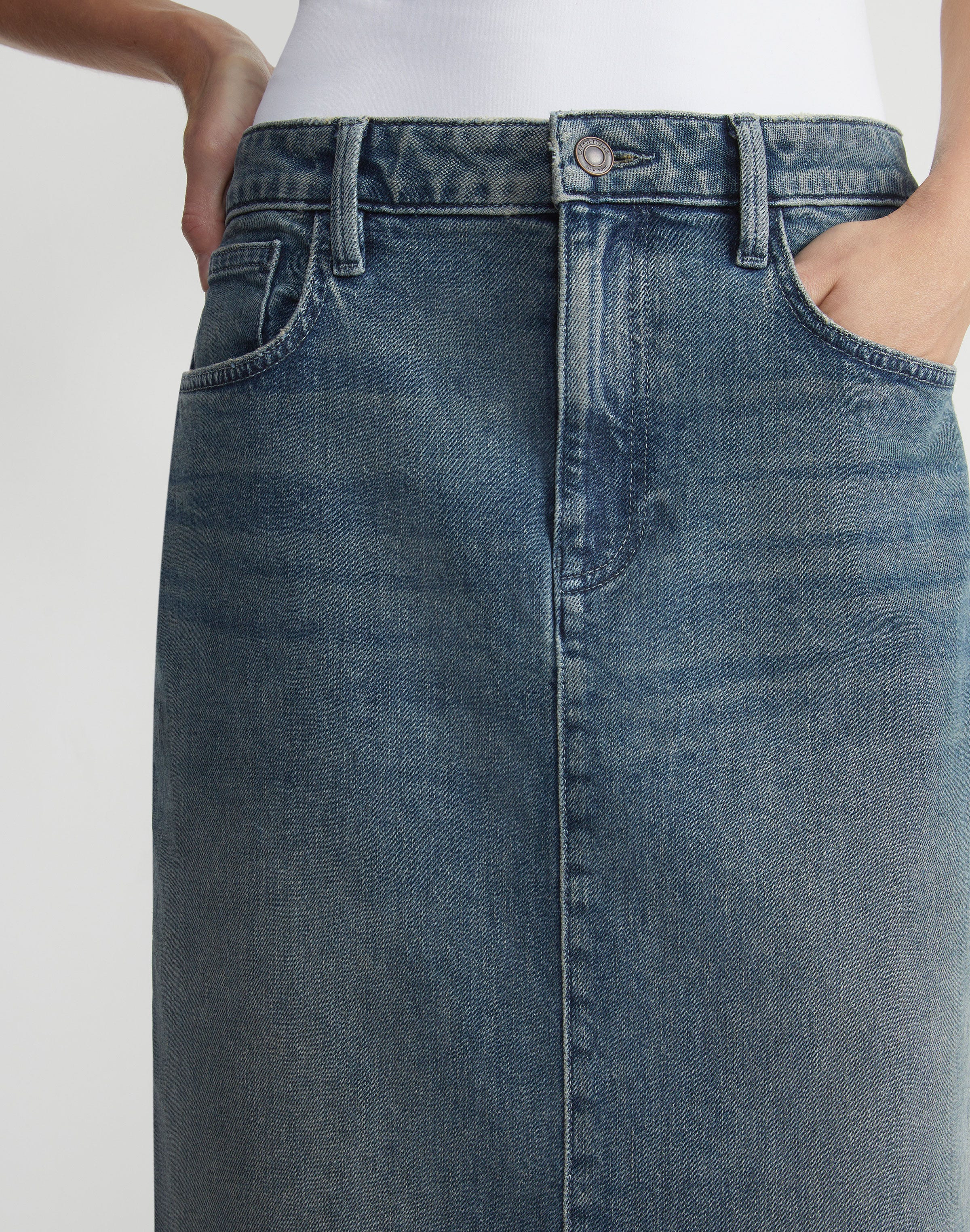 L148 Denim Slit Front Midi Skirt