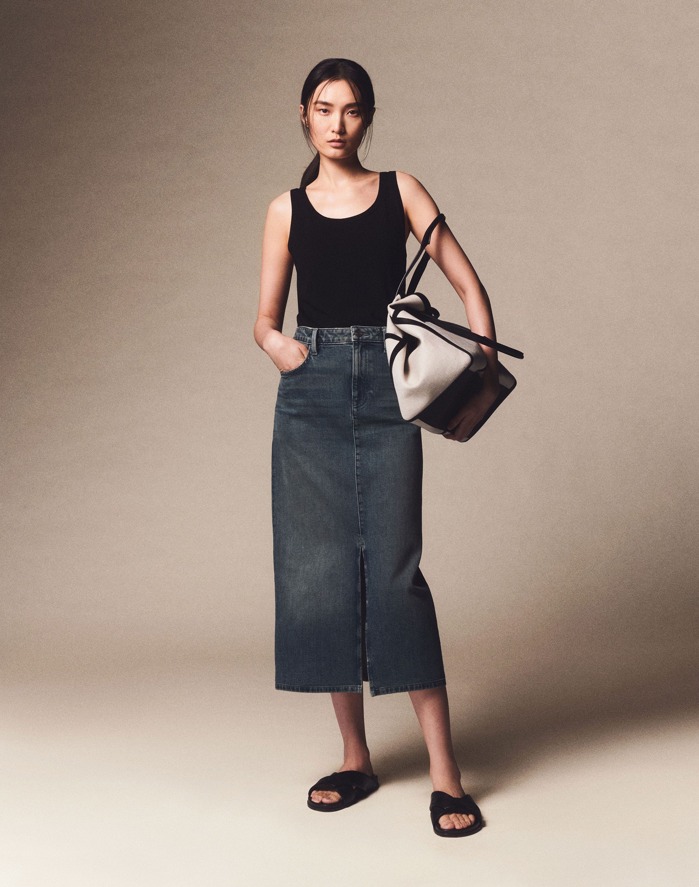 L148 Denim Slit Front Midi Skirt