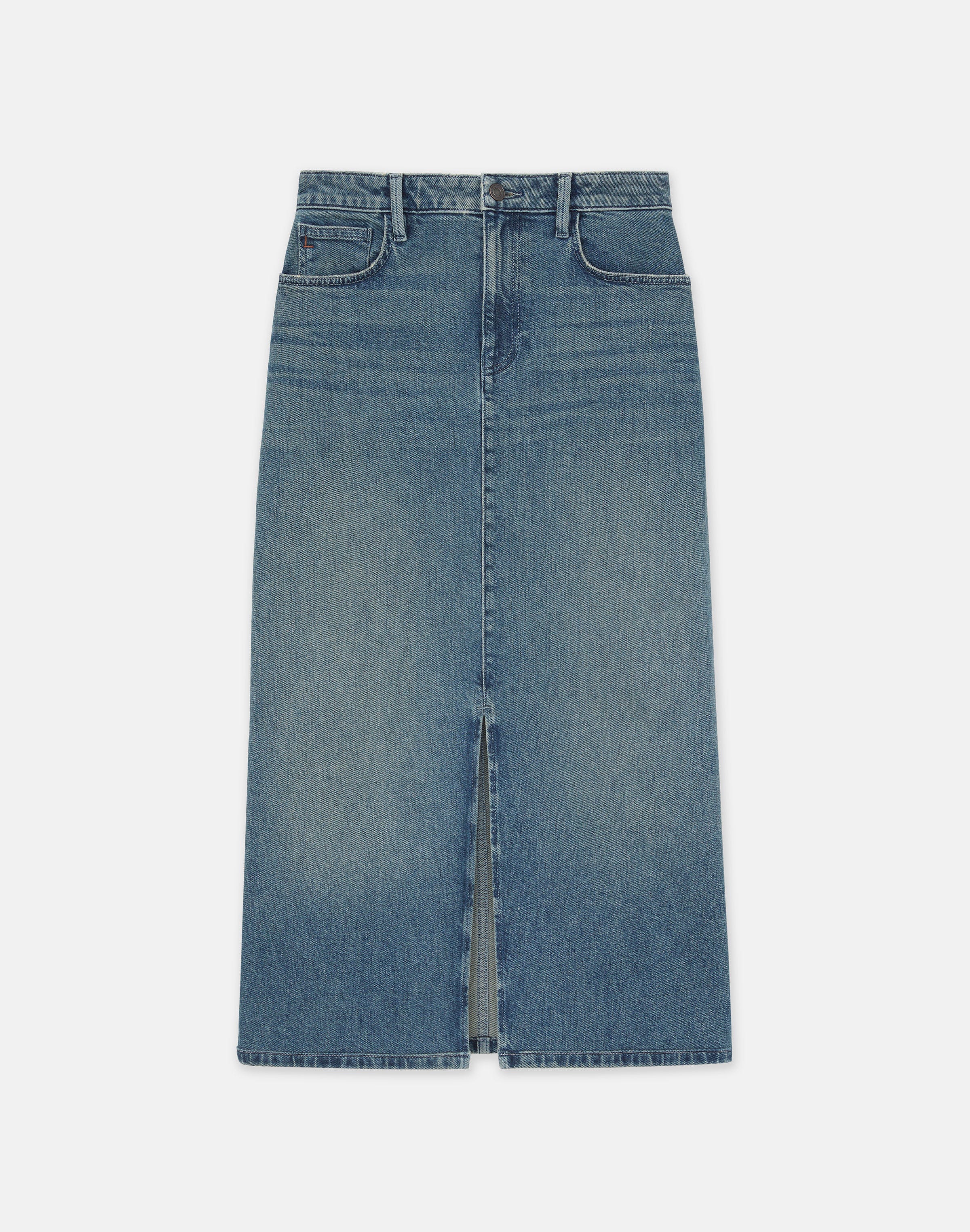 L148 Denim Slit Front Midi Skirt