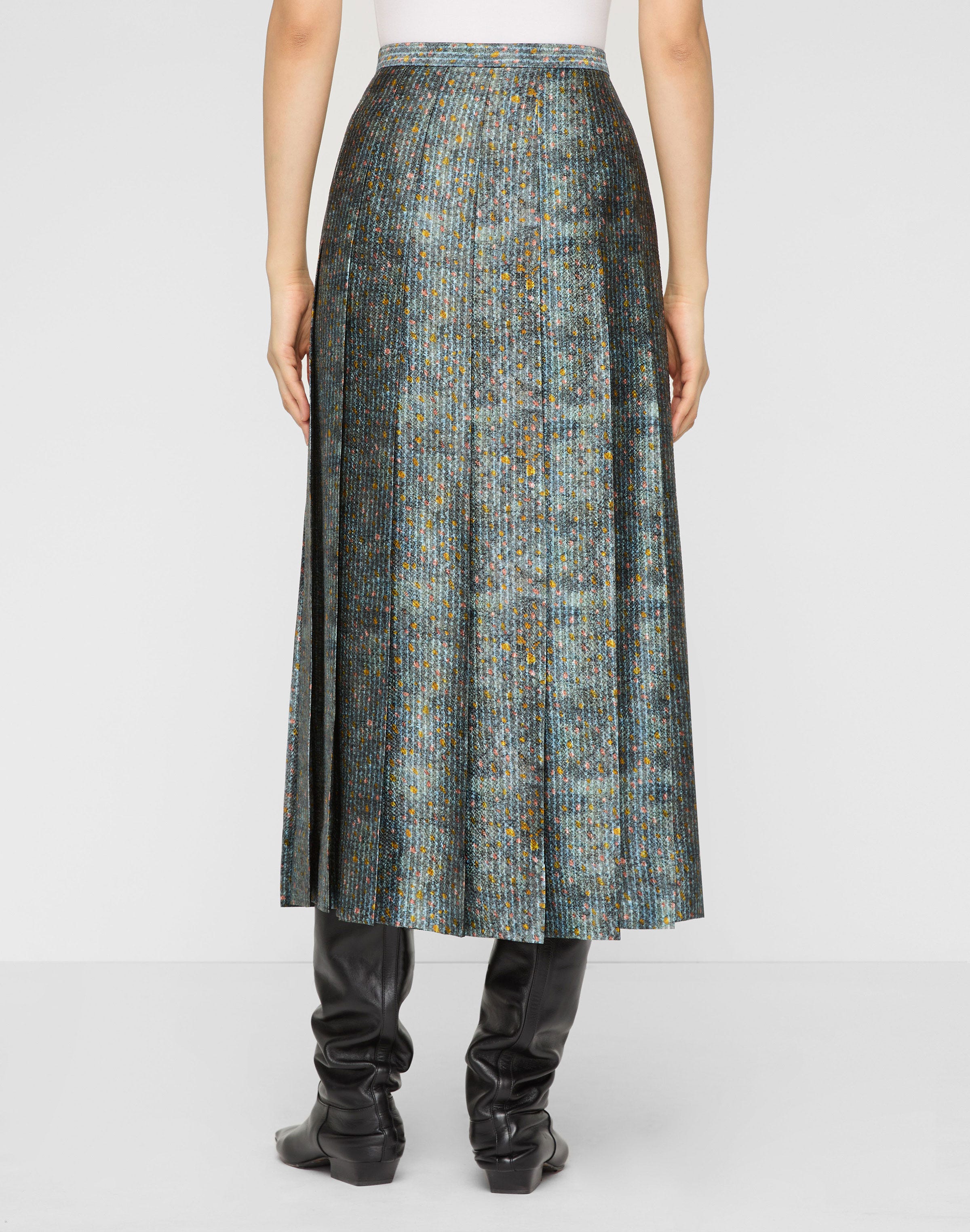 Textile Print Textured Silk Pleated Midi Skirt