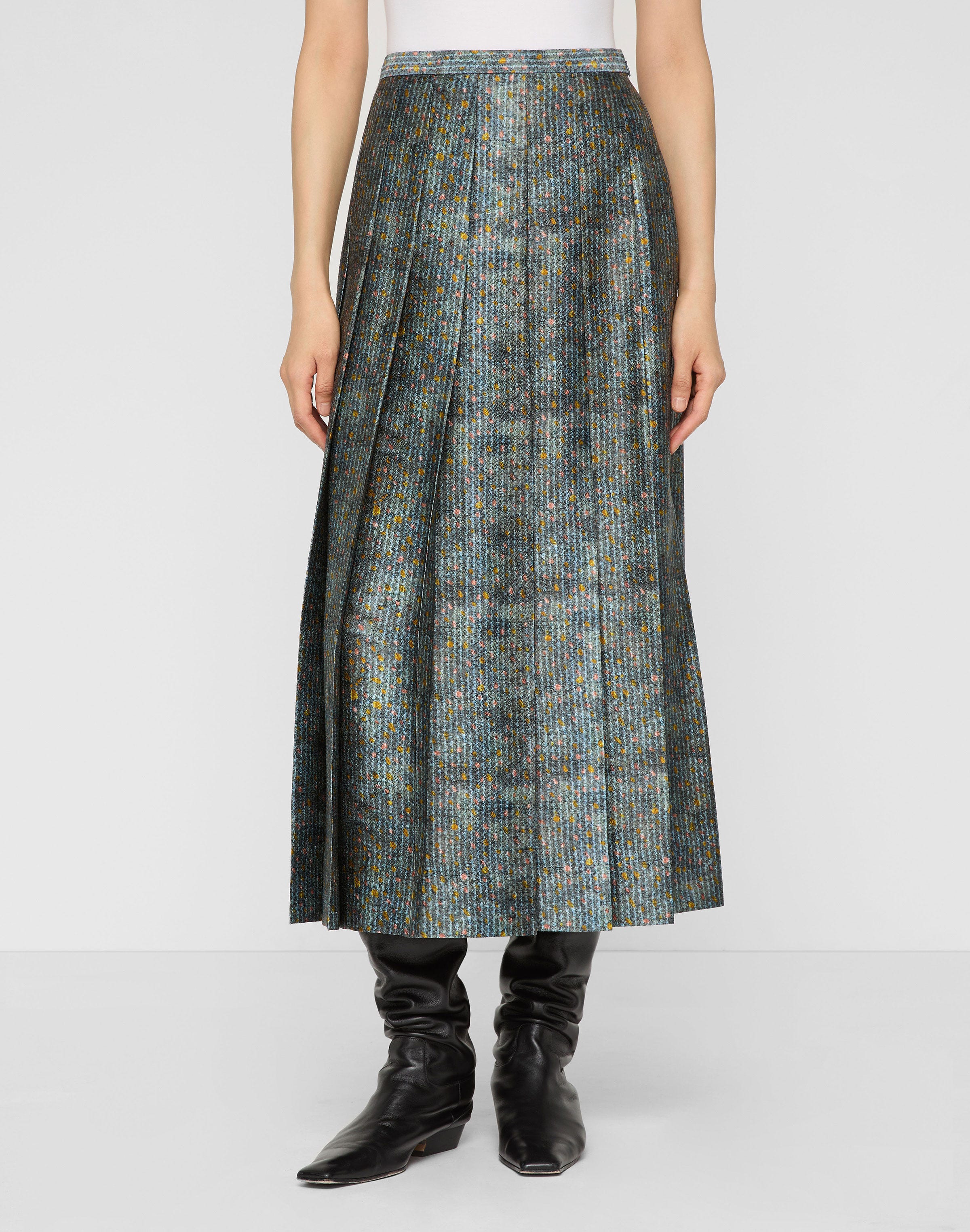 Textile Print Textured Silk Pleated Midi Skirt