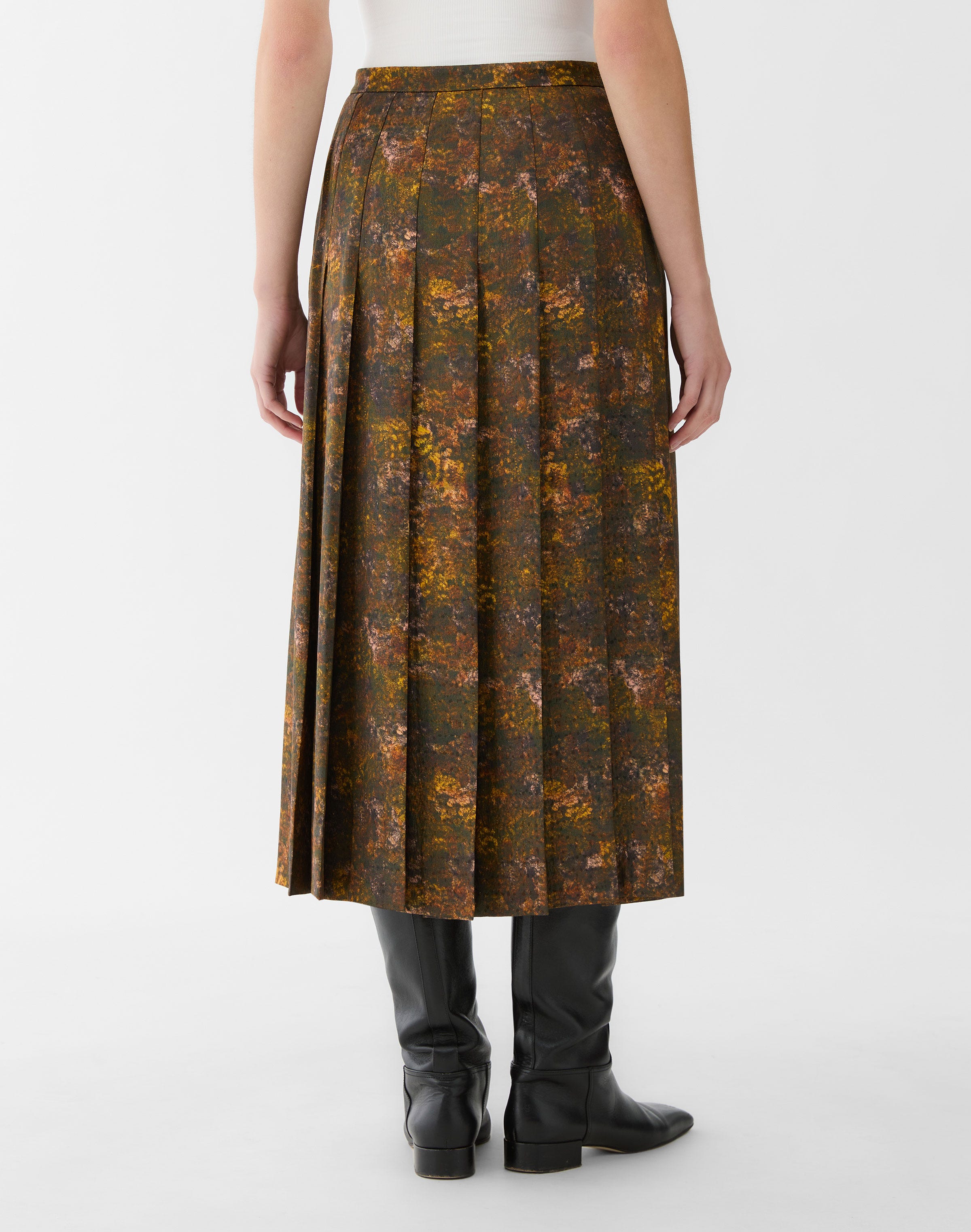 Impression Print Silk-Wool Pleated Midi Skirt