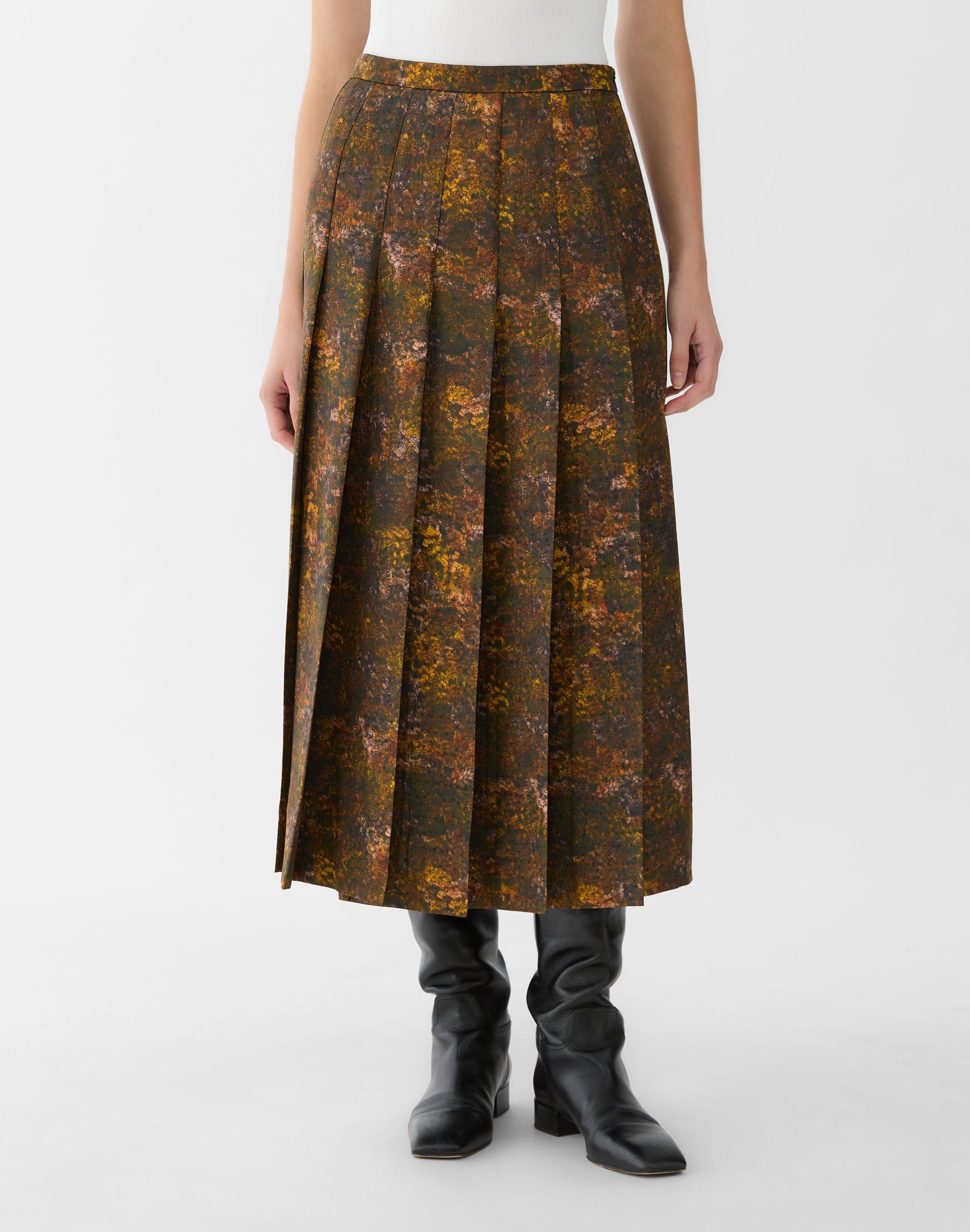 Impression Print Silk-Wool Pleated Midi Skirt