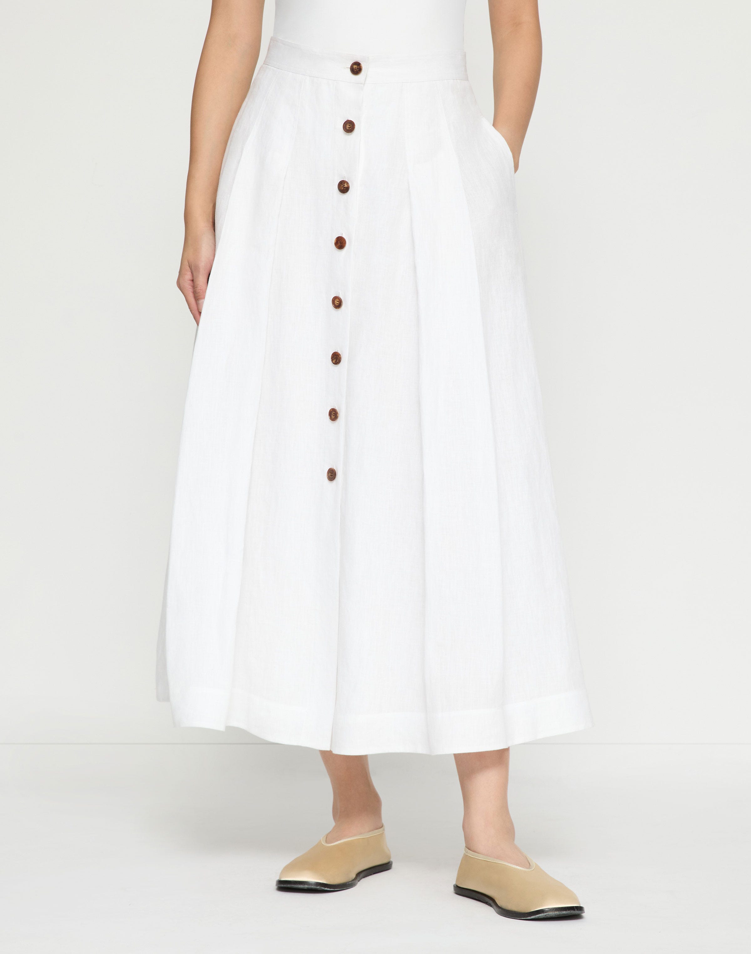 Organic Linen Button Front Midi Skirt