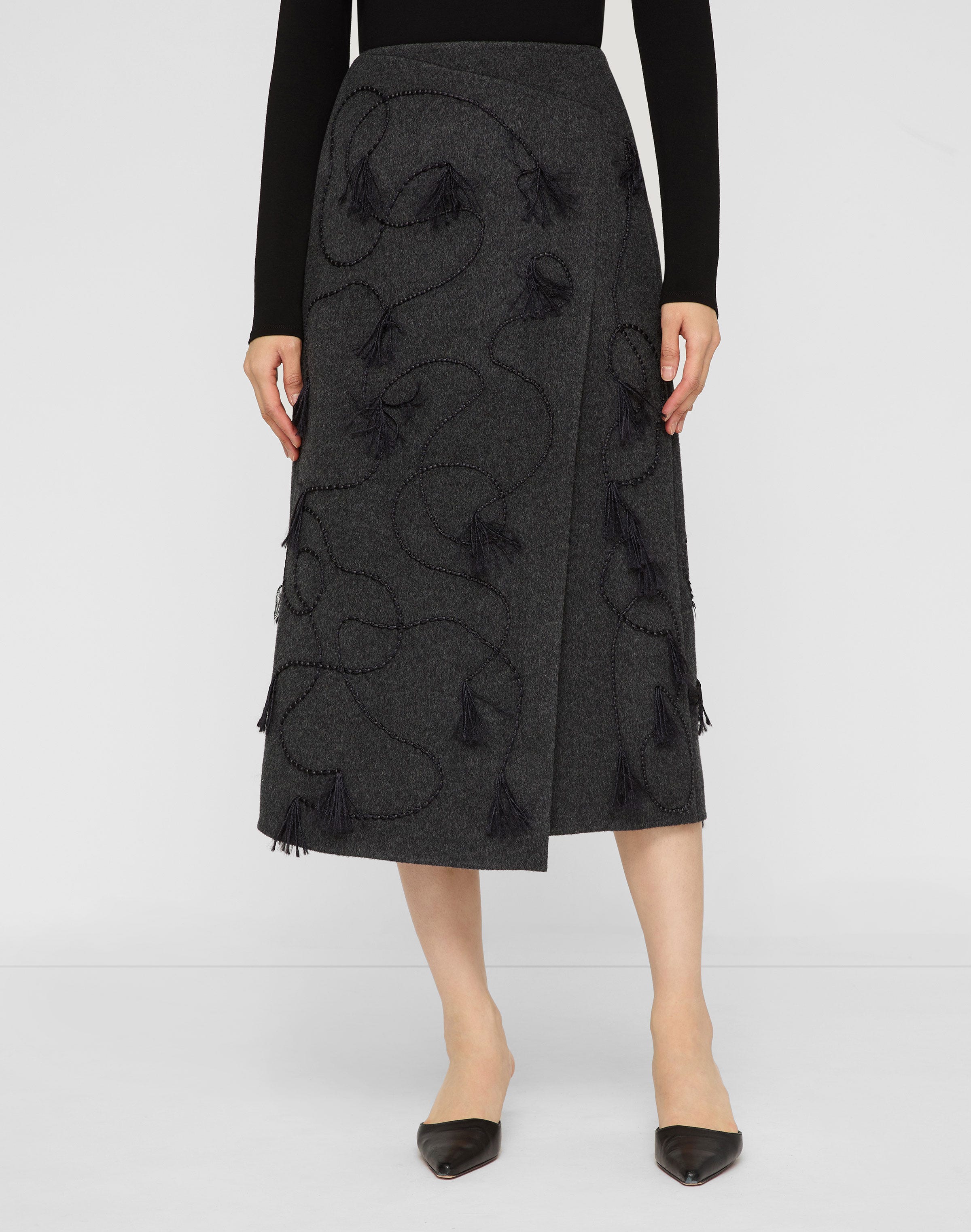 Hand Embroidered Tassel Wool-Cashmere Double Face Skirt