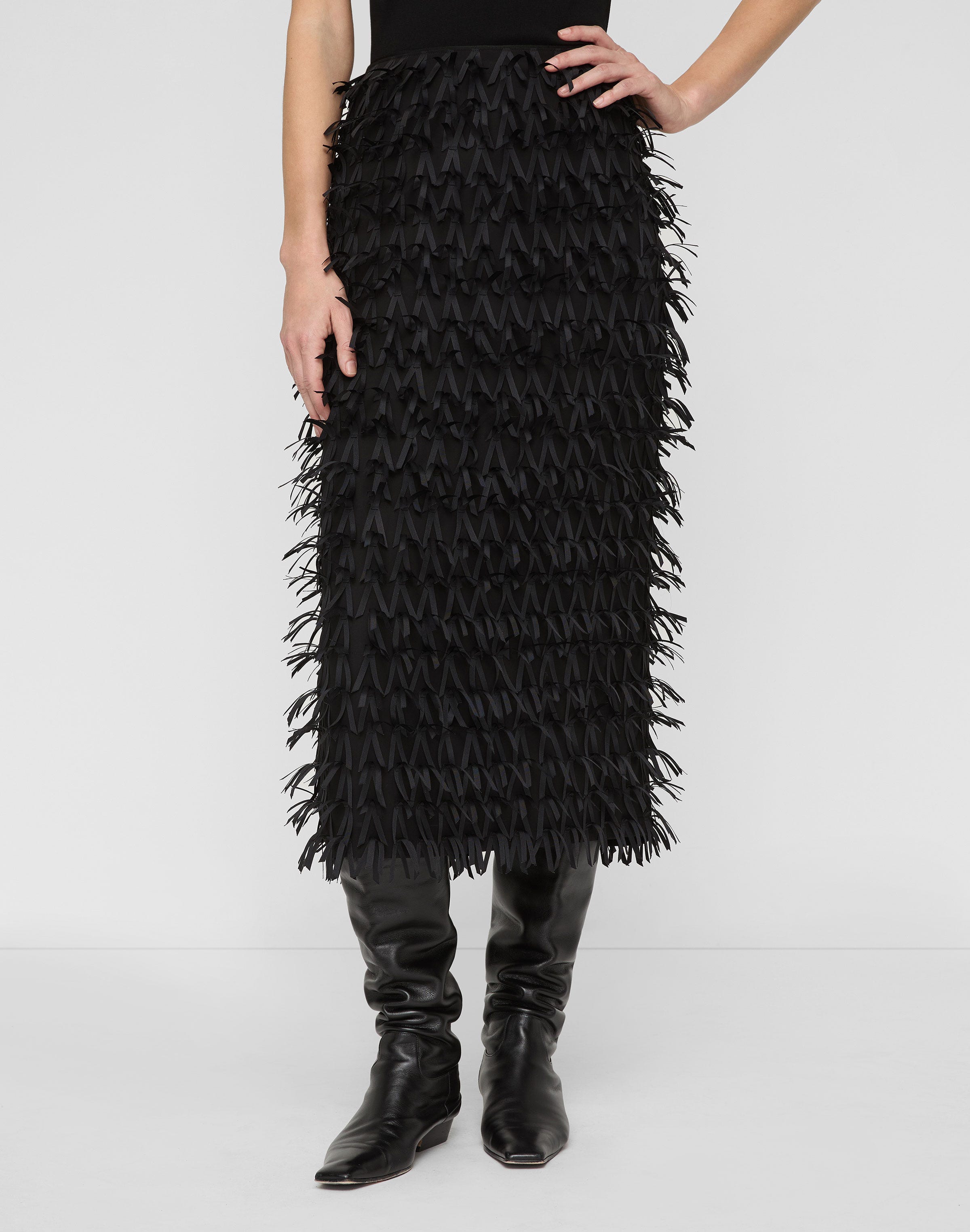 Ribbon Fringe Straight Midi Skirt