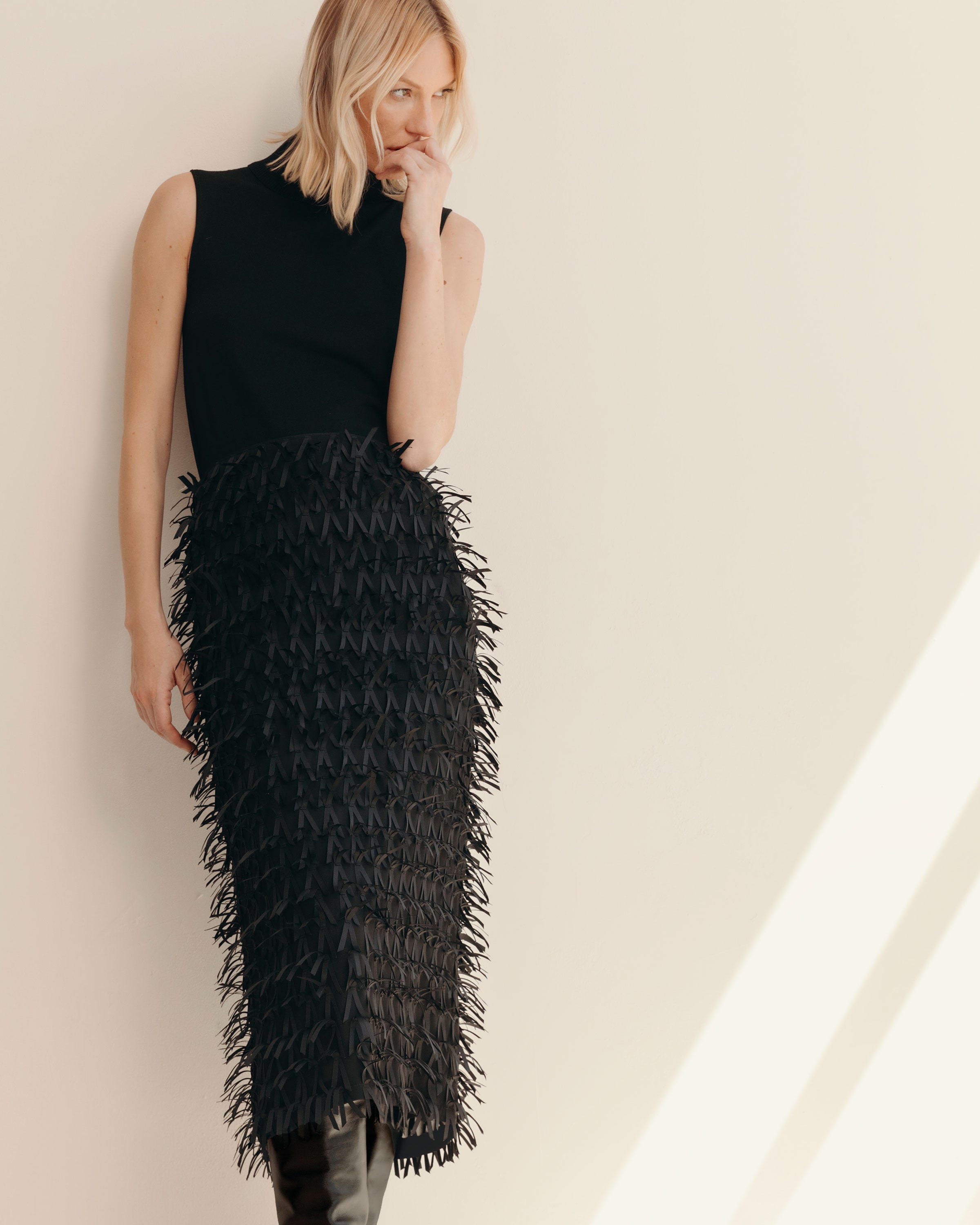 Ribbon Fringe Straight Midi Skirt