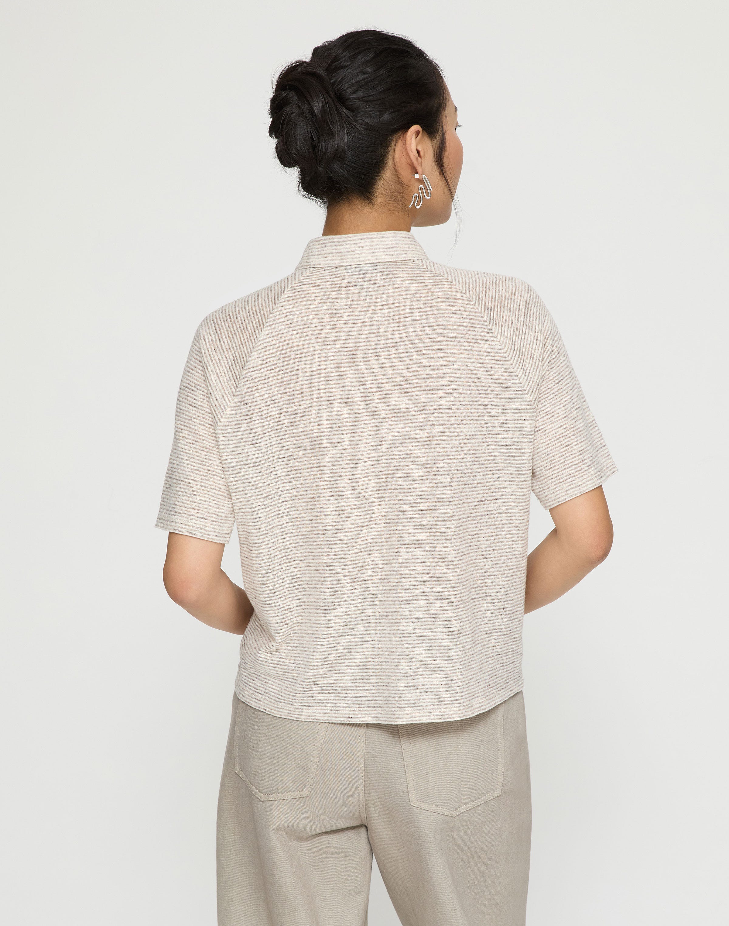 Fine Stripe Linen-Cotton Raglan Sleeve Polo