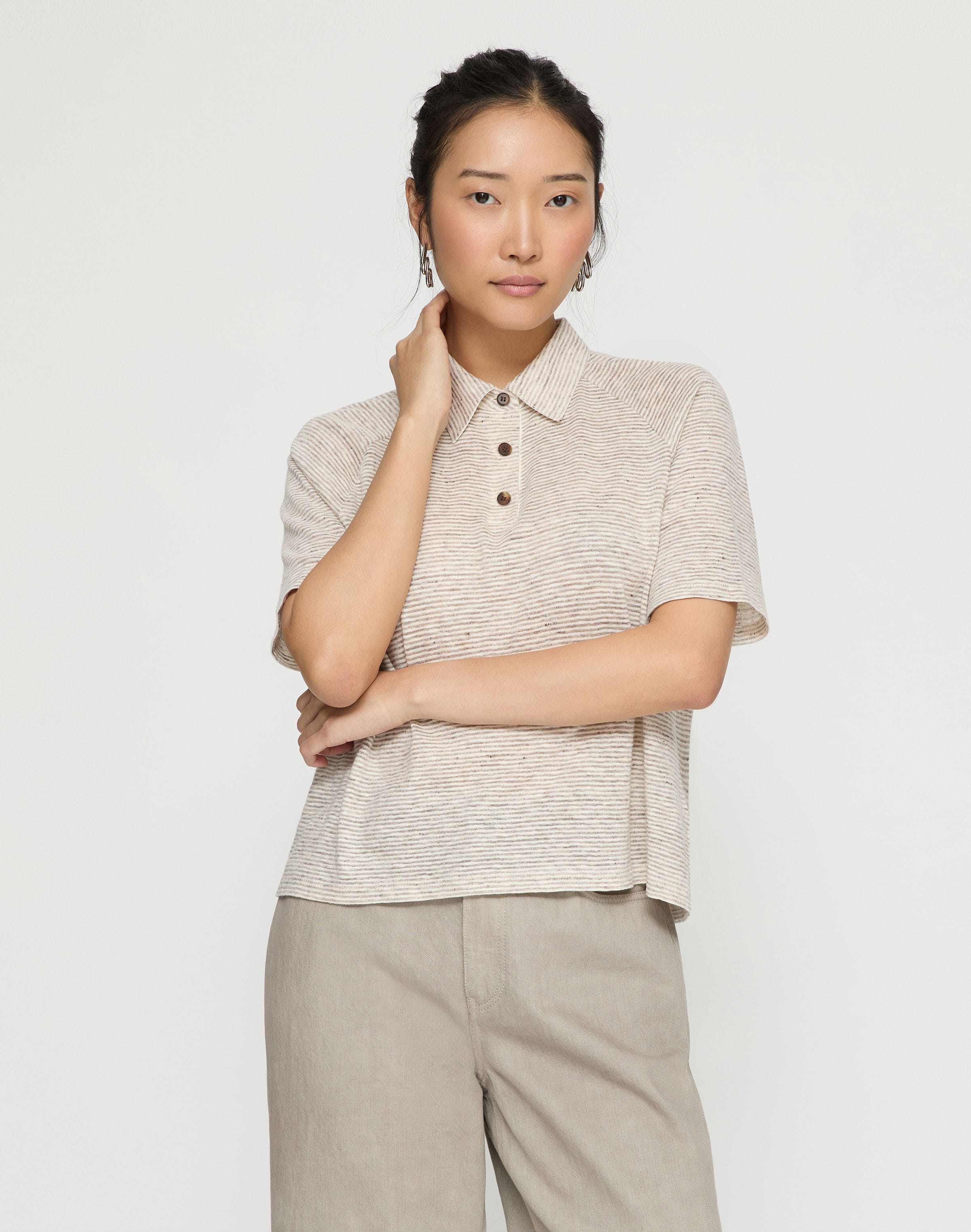 Fine Stripe Linen-Cotton Raglan Sleeve Polo