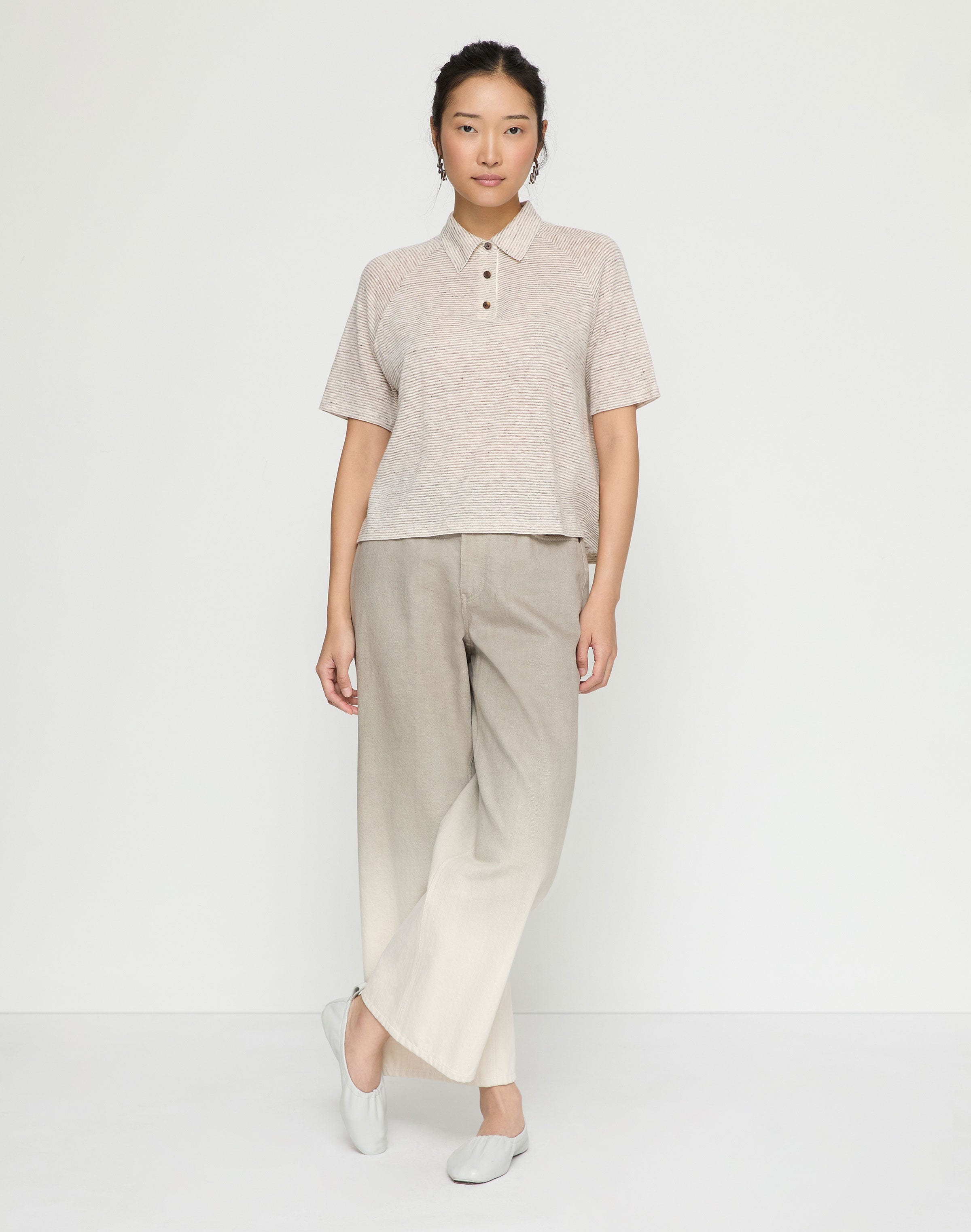 Fine Stripe Linen-Cotton Raglan Sleeve Polo