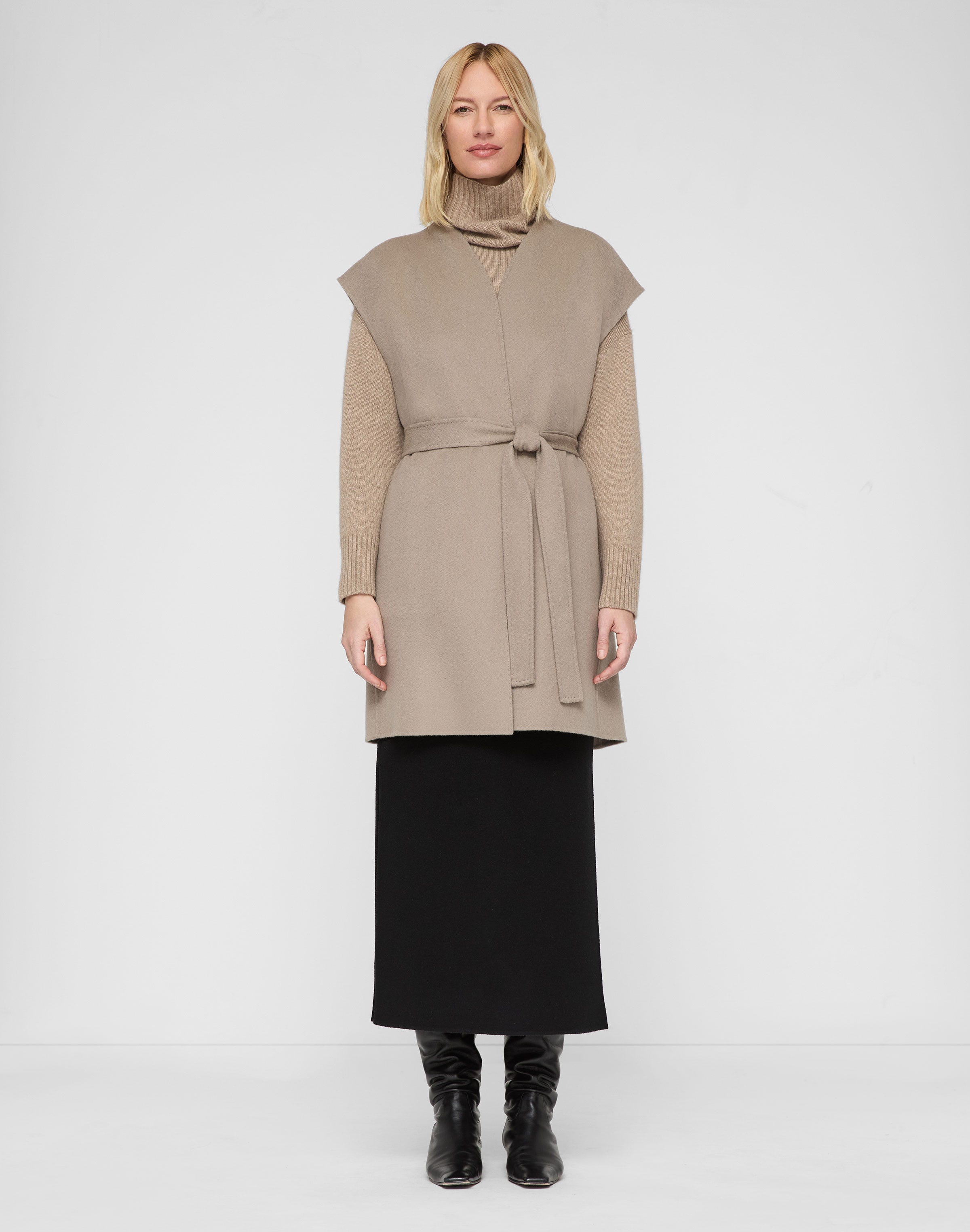 Wool-Cashmere Double Face Open Front Belted Vest