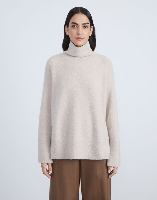 Italian Wool-Cashmere Bouclé Stand Collar Sweater