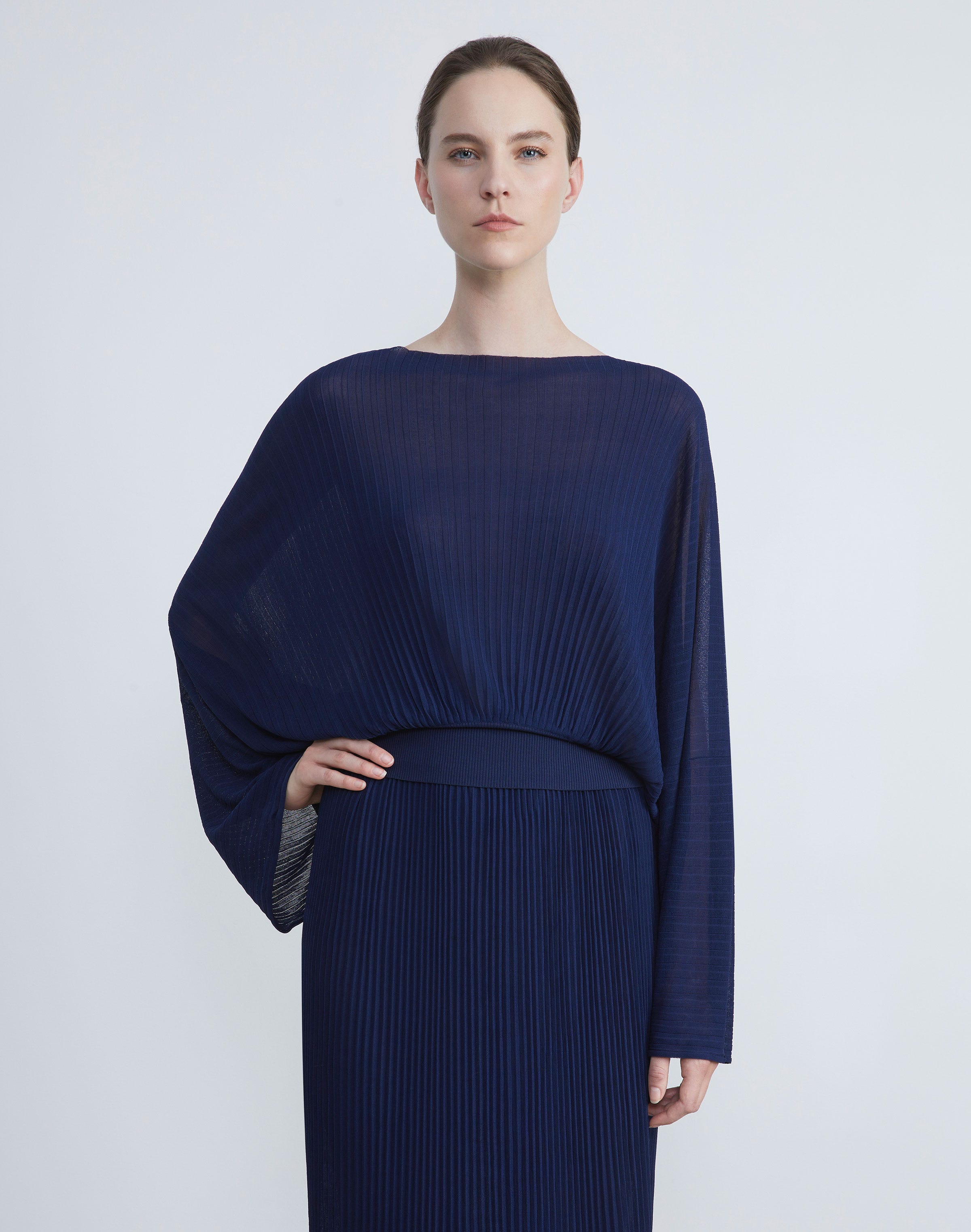 Silk Crepe Knit Pleated Blouson Sweater