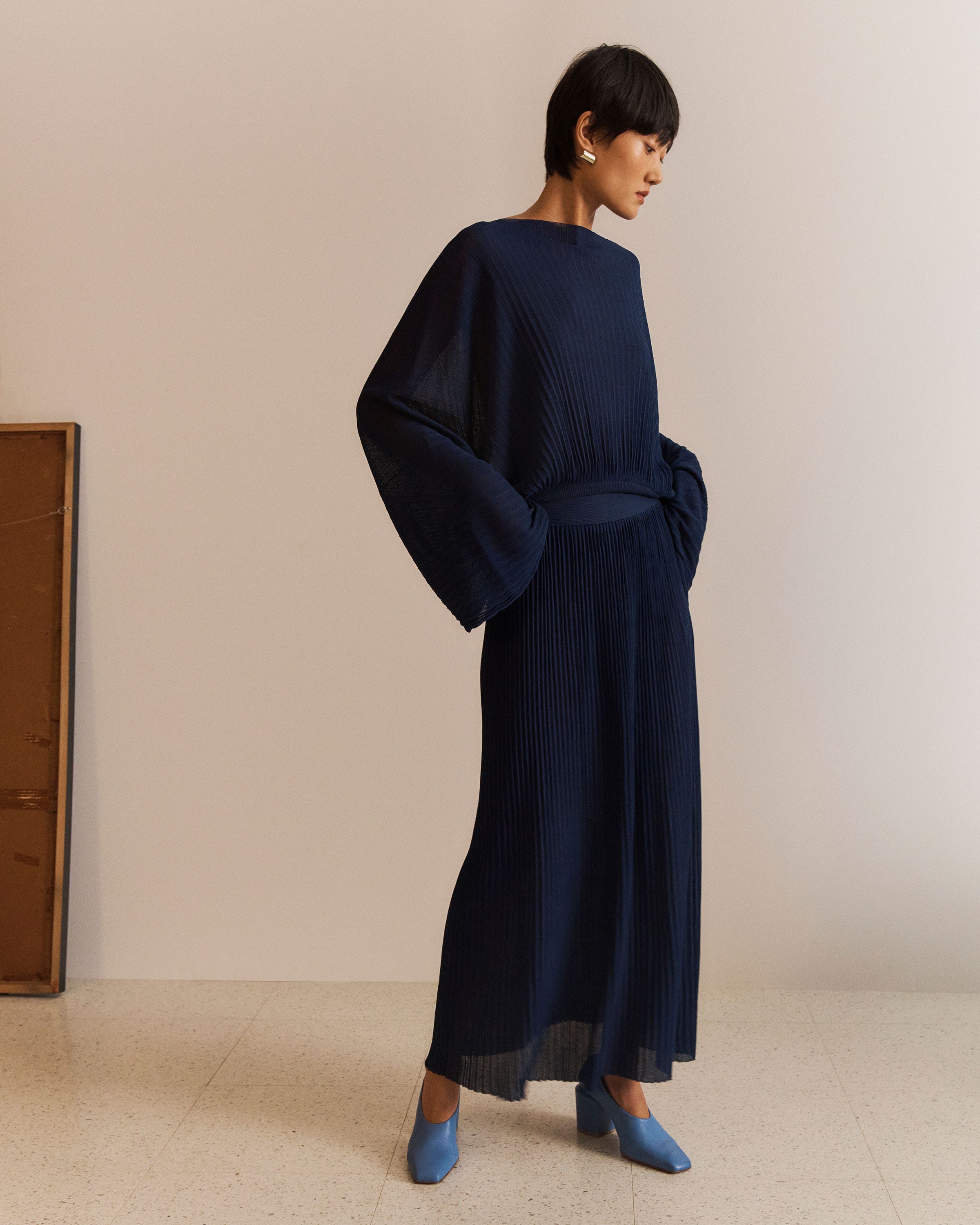 Silk Crepe Knit Pleated Blouson Sweater