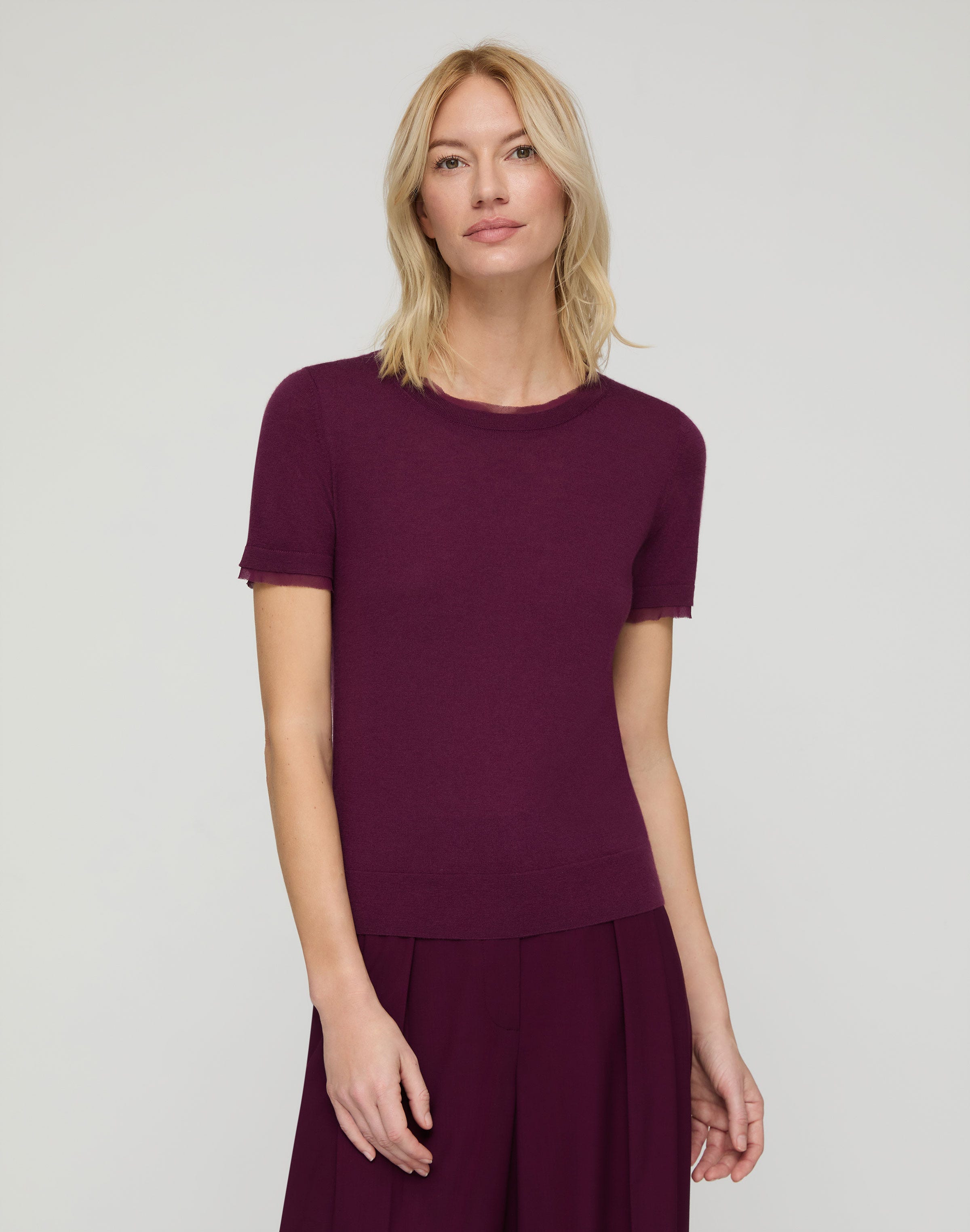 Fine Gauge Cashmere & Silk Chiffon Trim Sweater