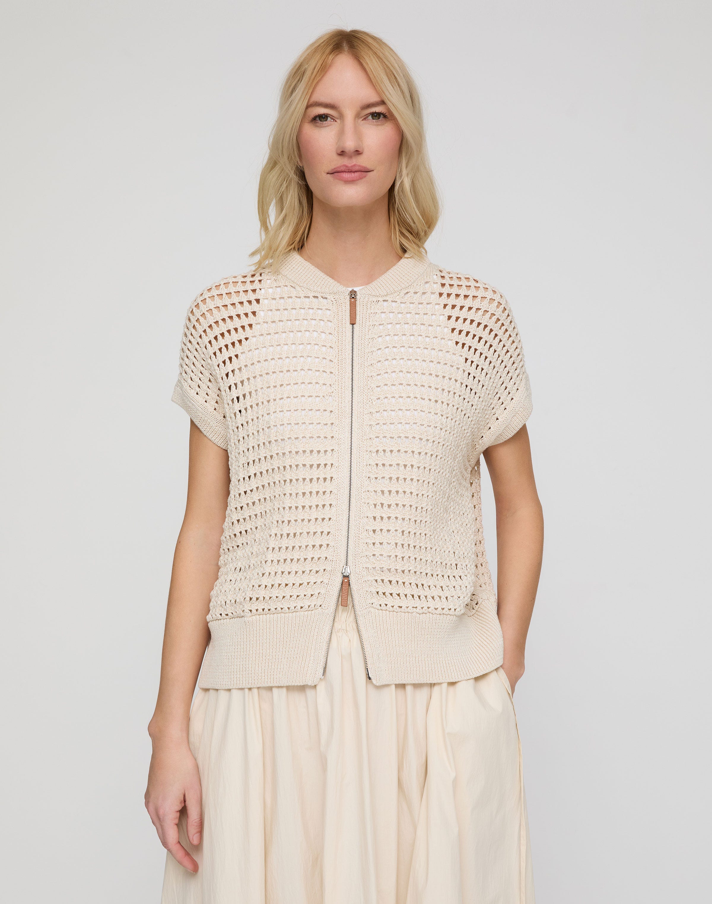 Cotton Open Knit Zip Front Vest