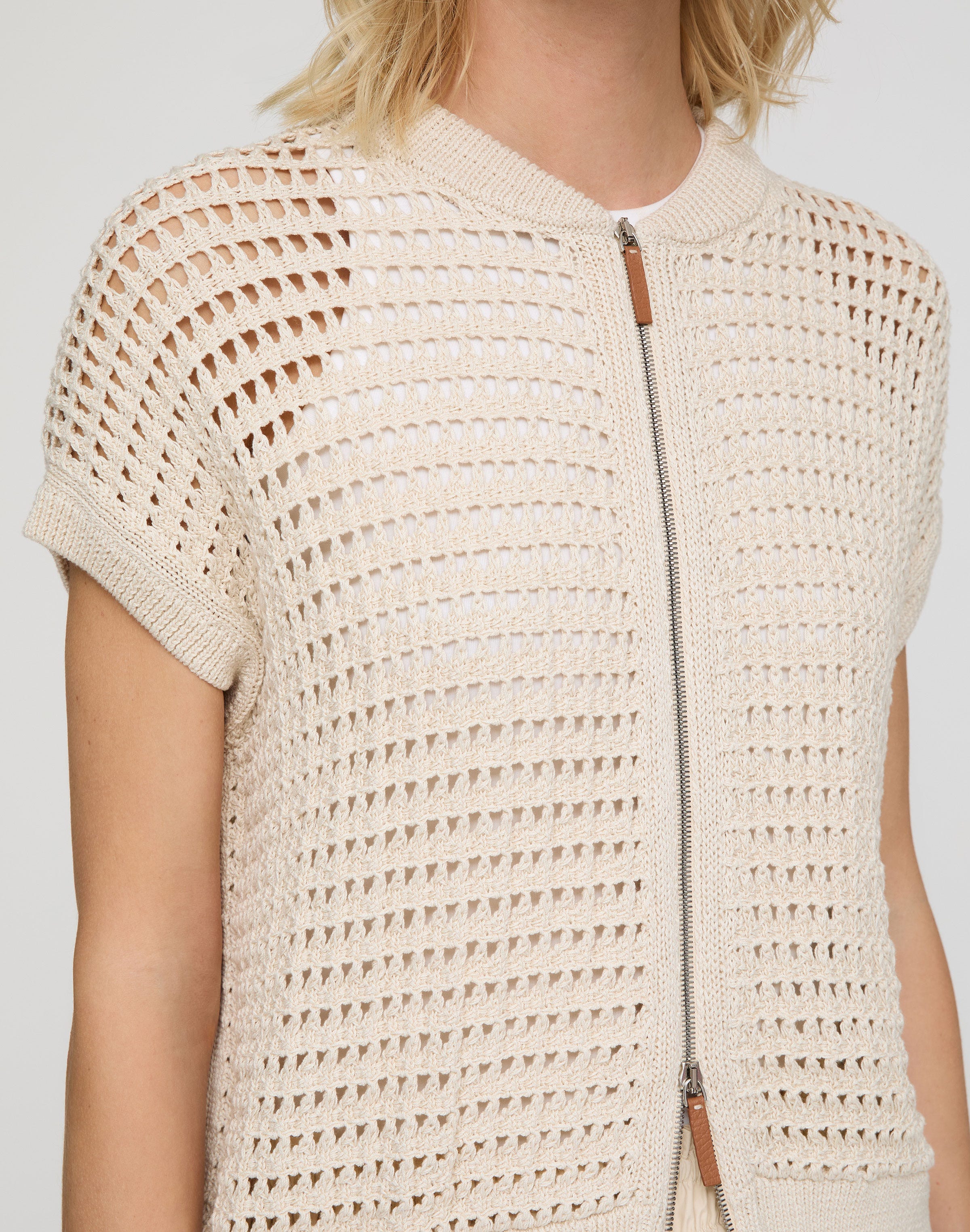Cotton Open Knit Zip Front Vest