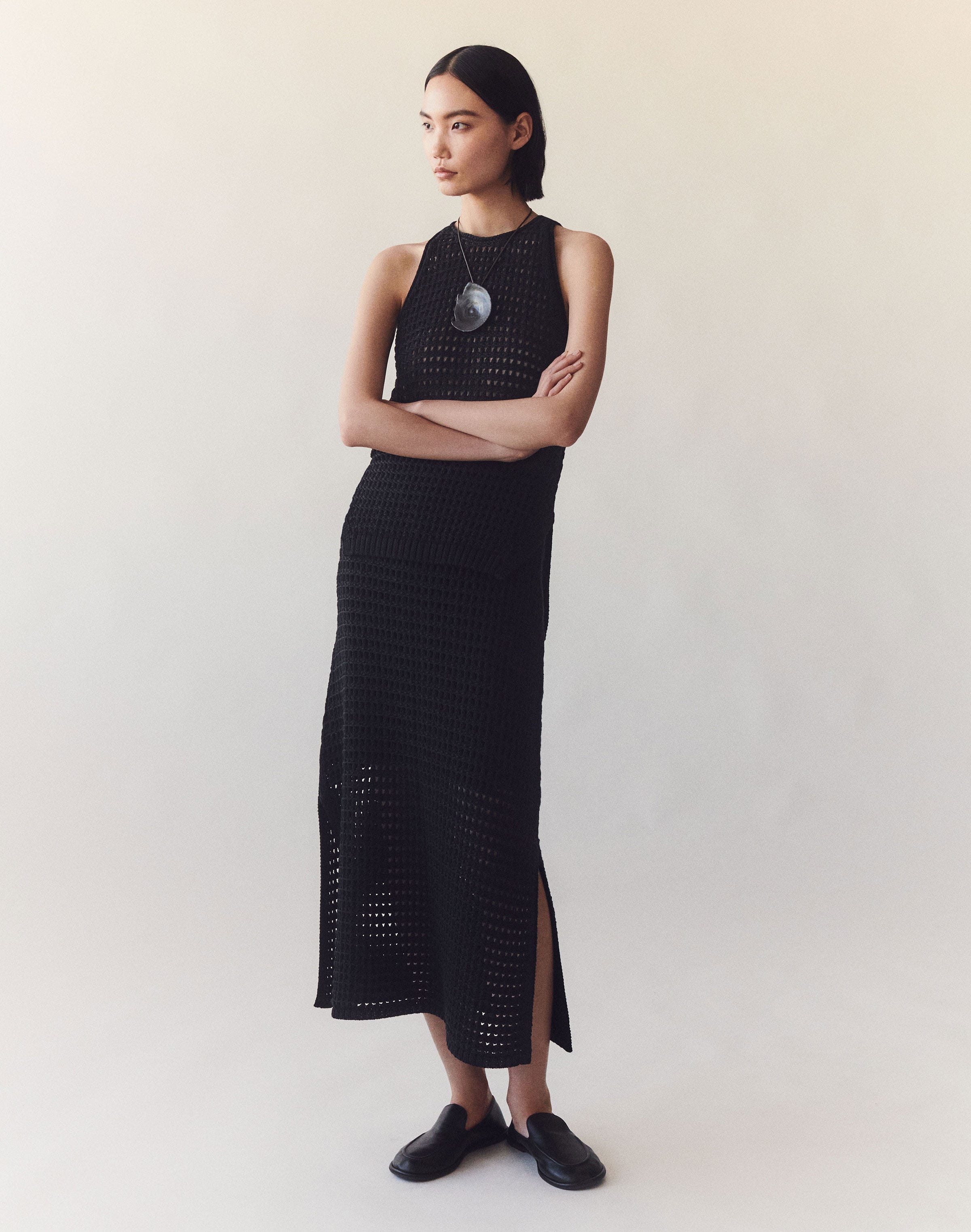 Cotton-Silk Open Knit Midi Skirt