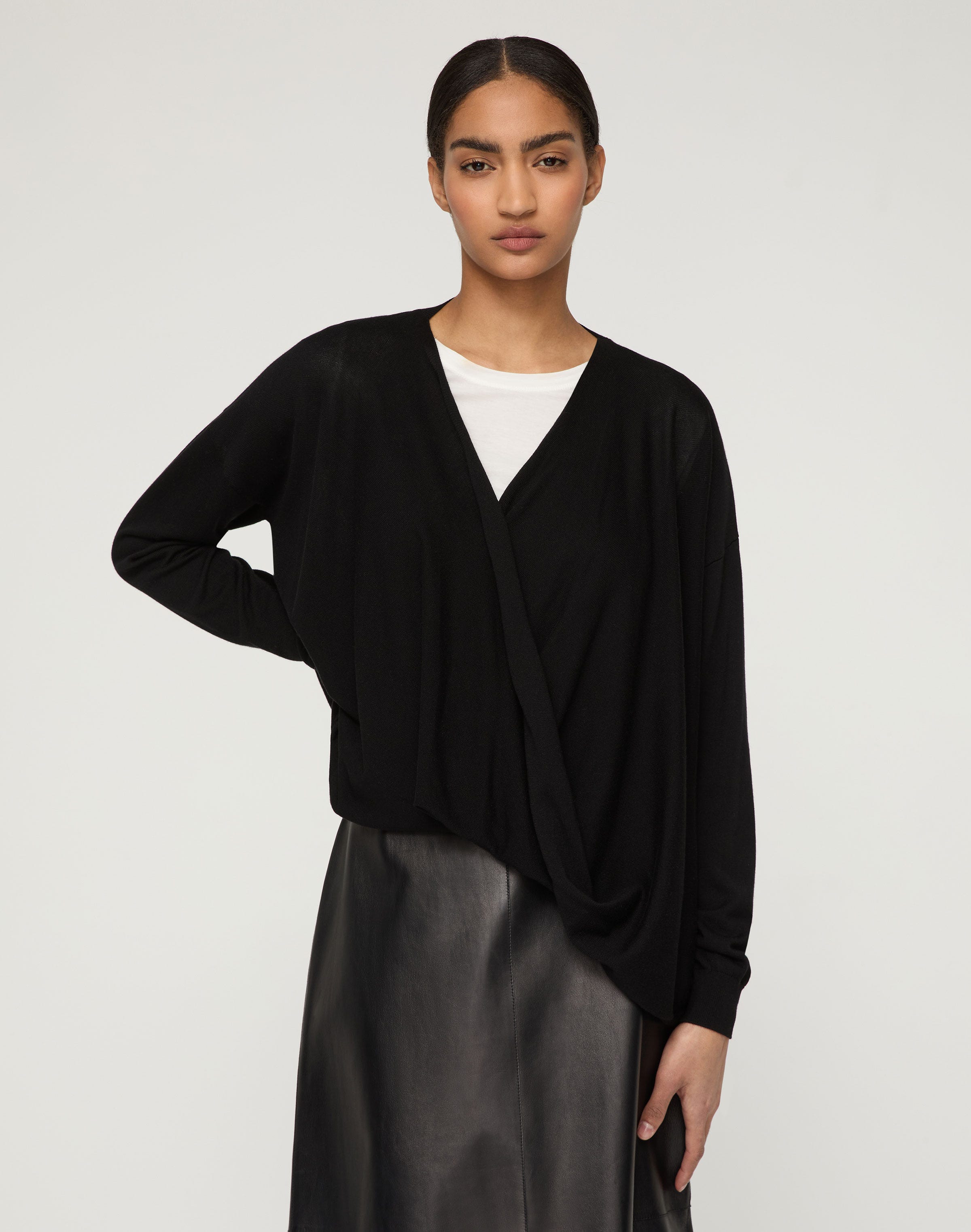 Fine Cotton-Silk Wrap Front Oversized Sweater