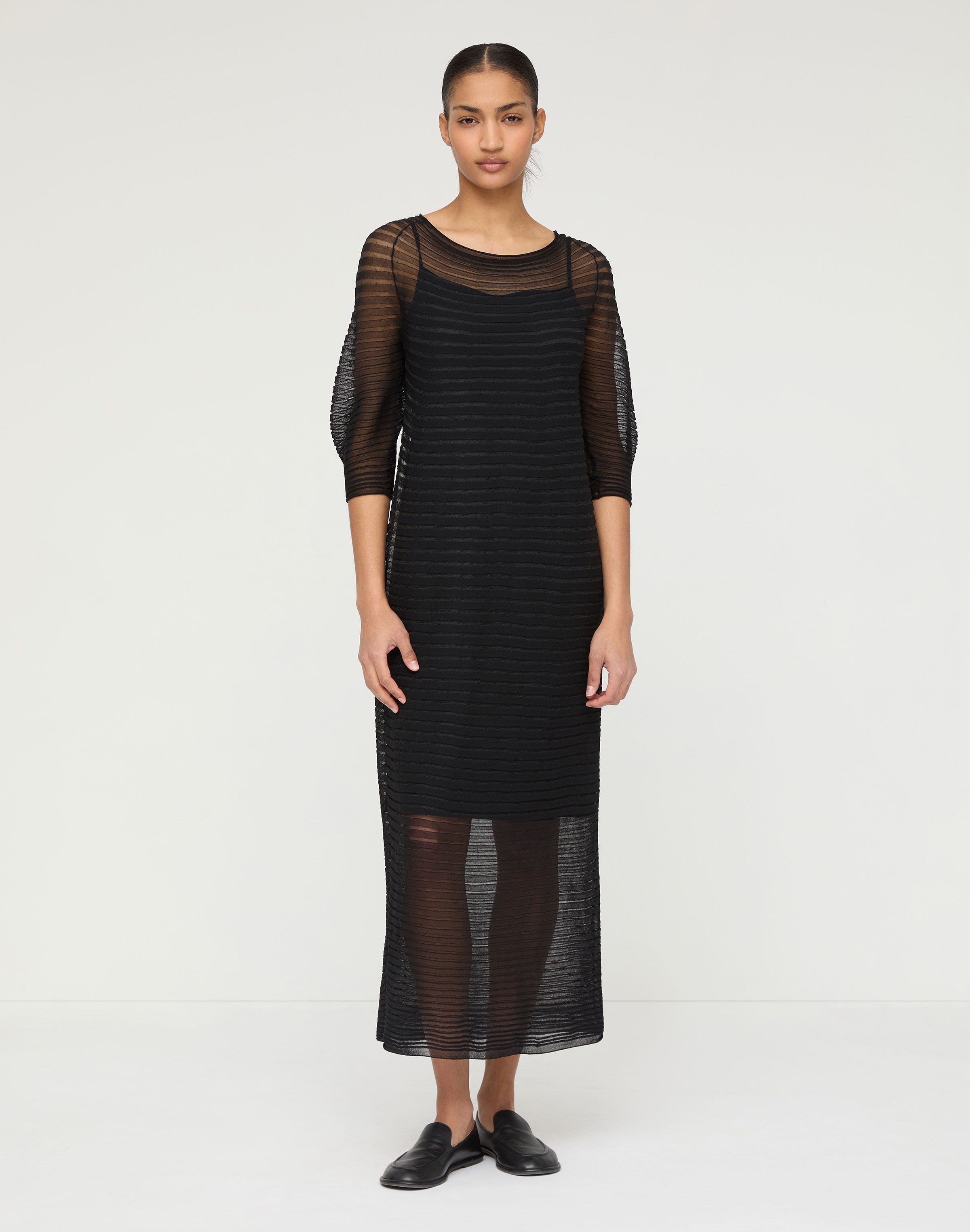 Silk Crepe Sheer Pleat Knit Dress