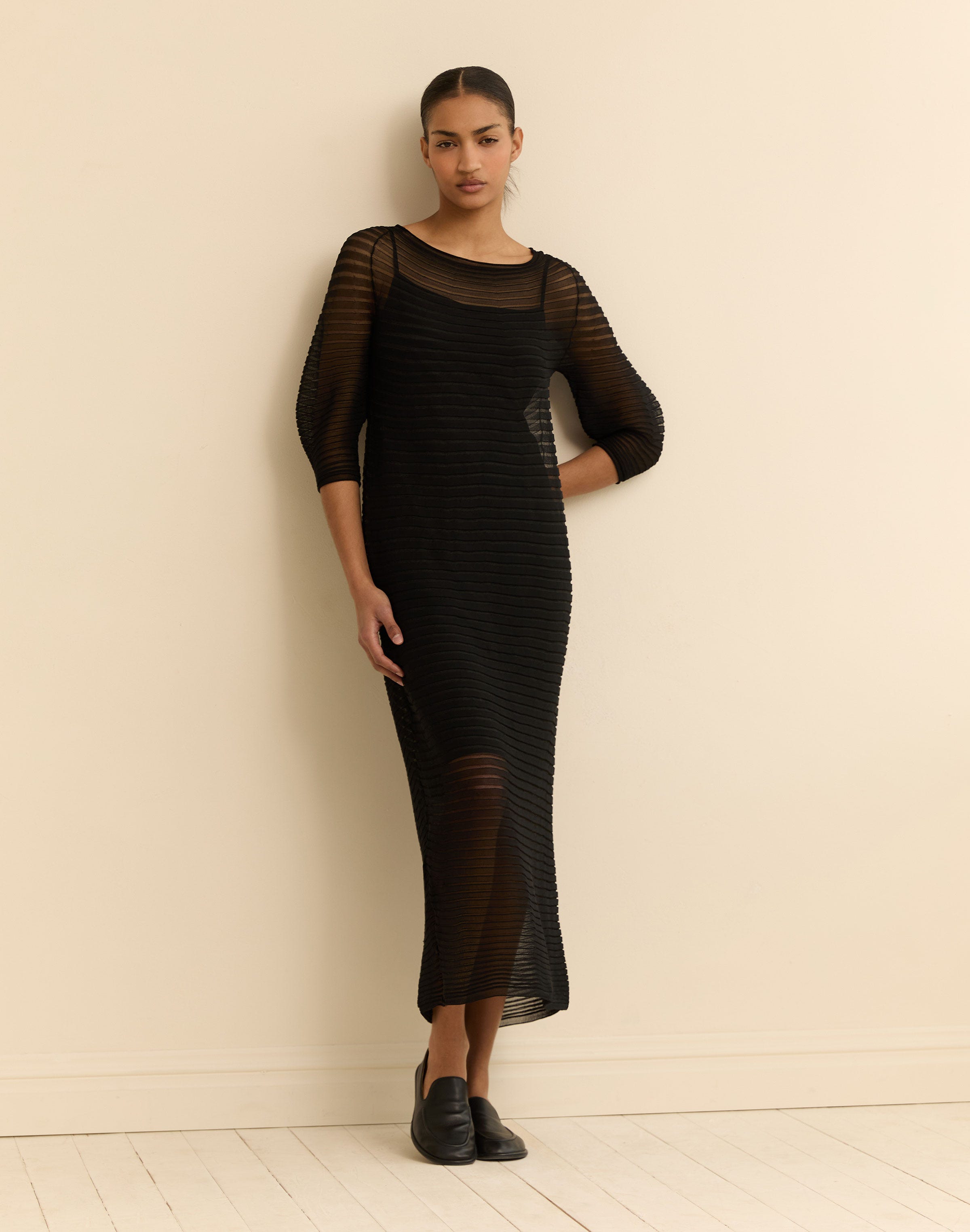Silk Crepe Sheer Pleat Knit Dress