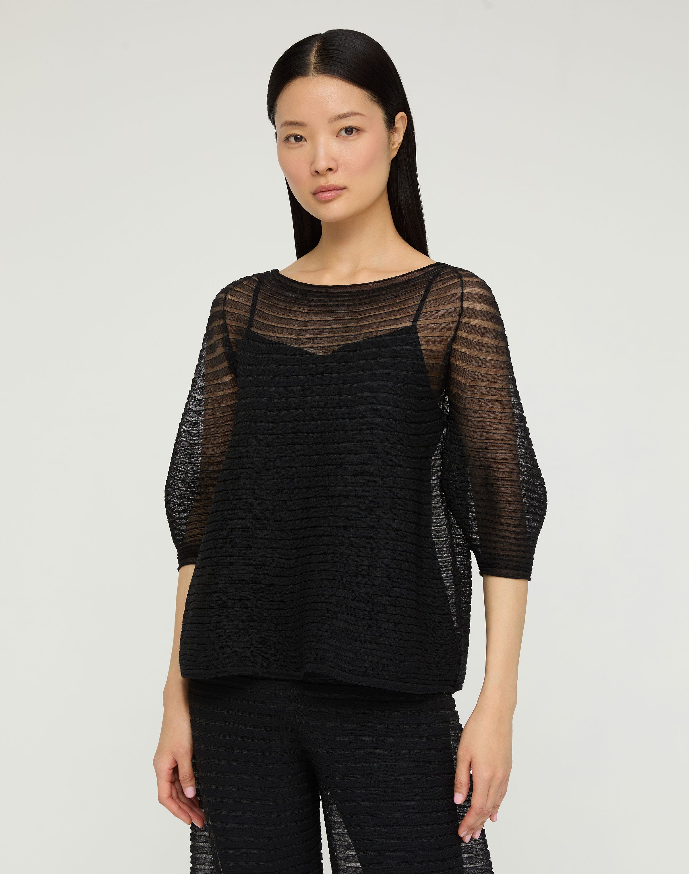 Silk Crepe Sheer Pleat Knit Top