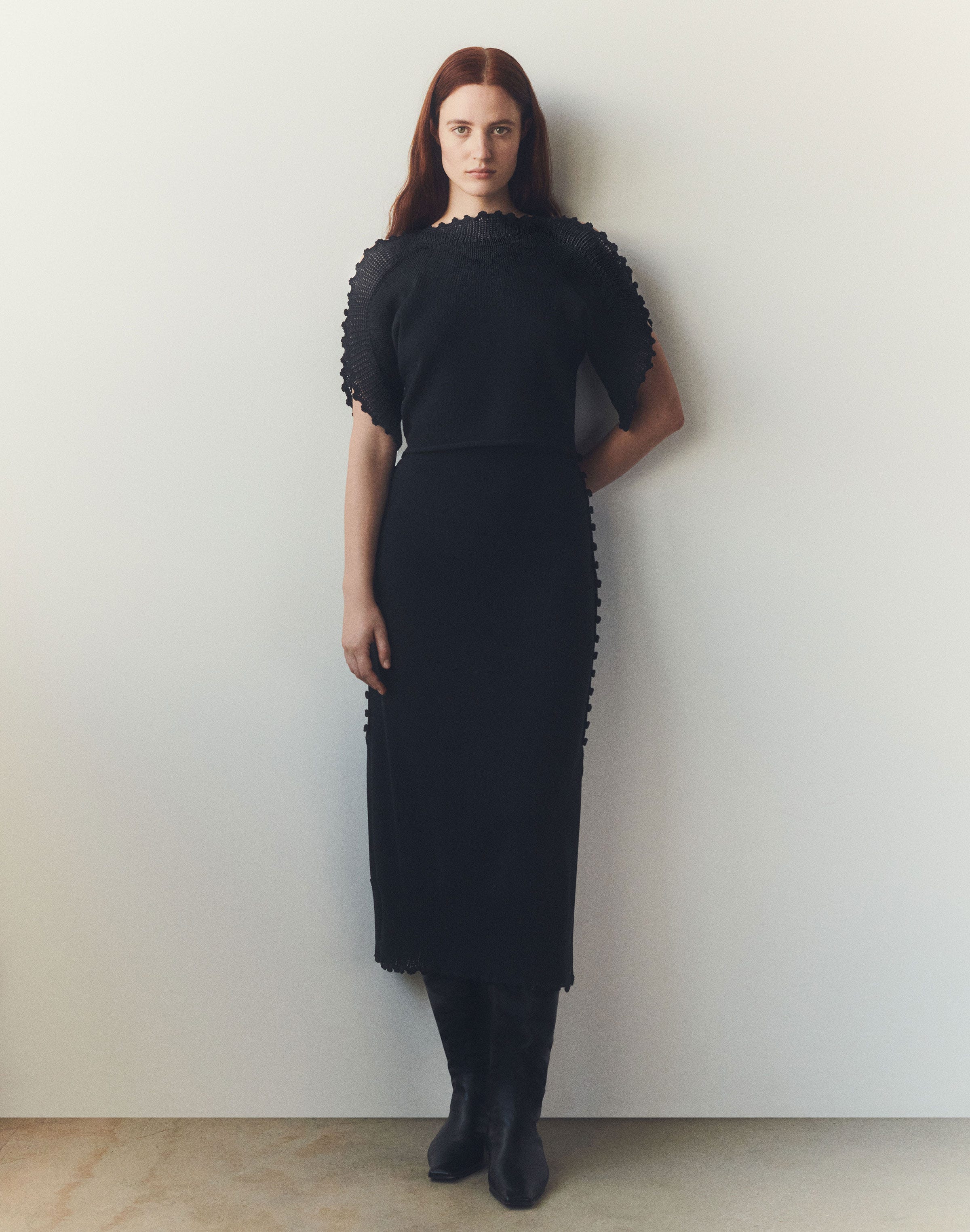 Cotton-Silk Tape Crochet Trim Knit Skirt