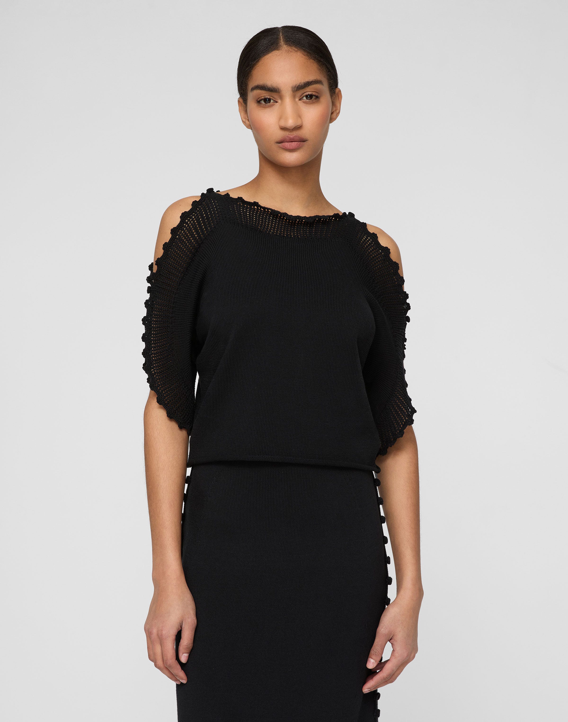 Cotton-Silk Tape Crochet Trim Sweater