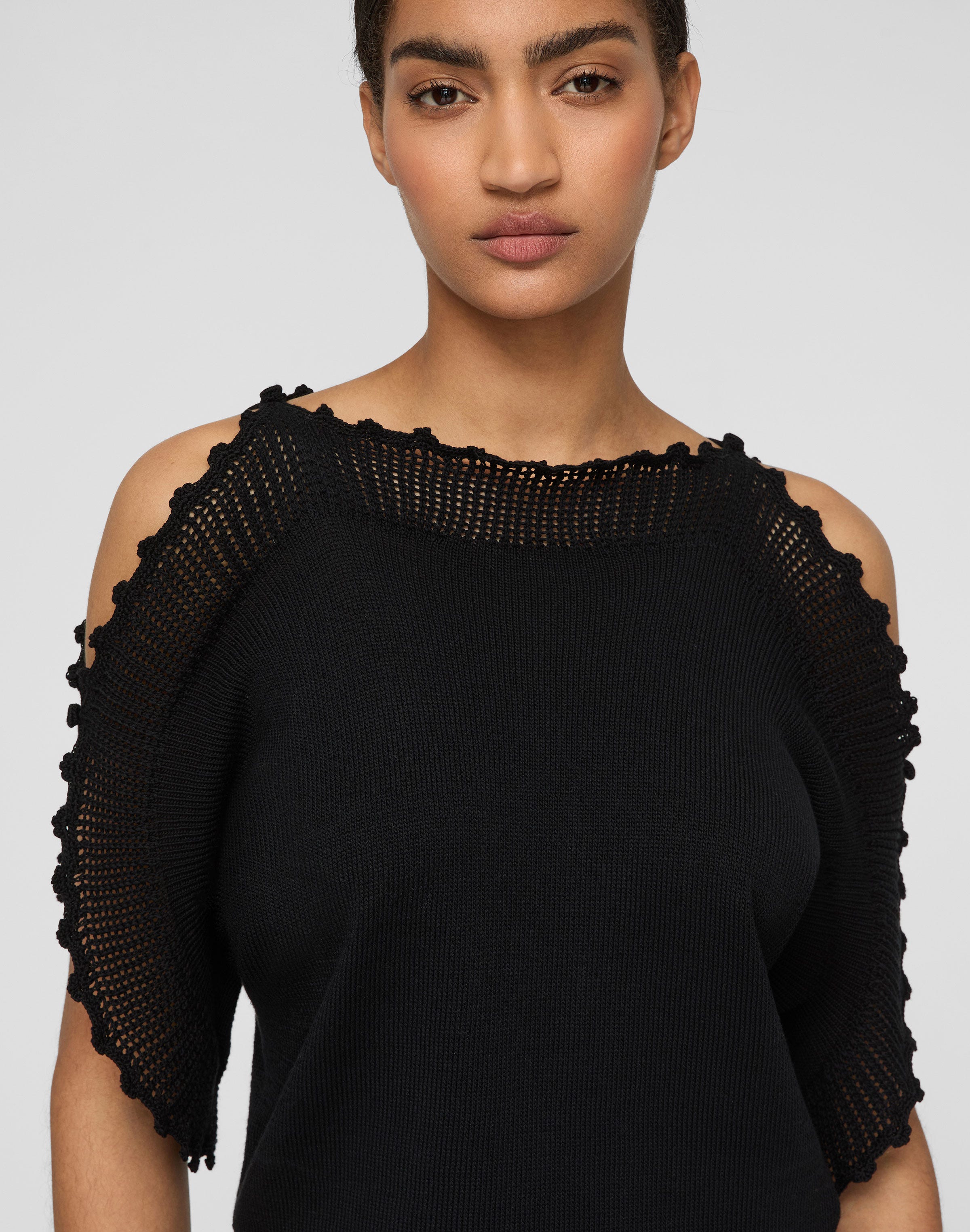 Cotton-Silk Tape Crochet Trim Sweater